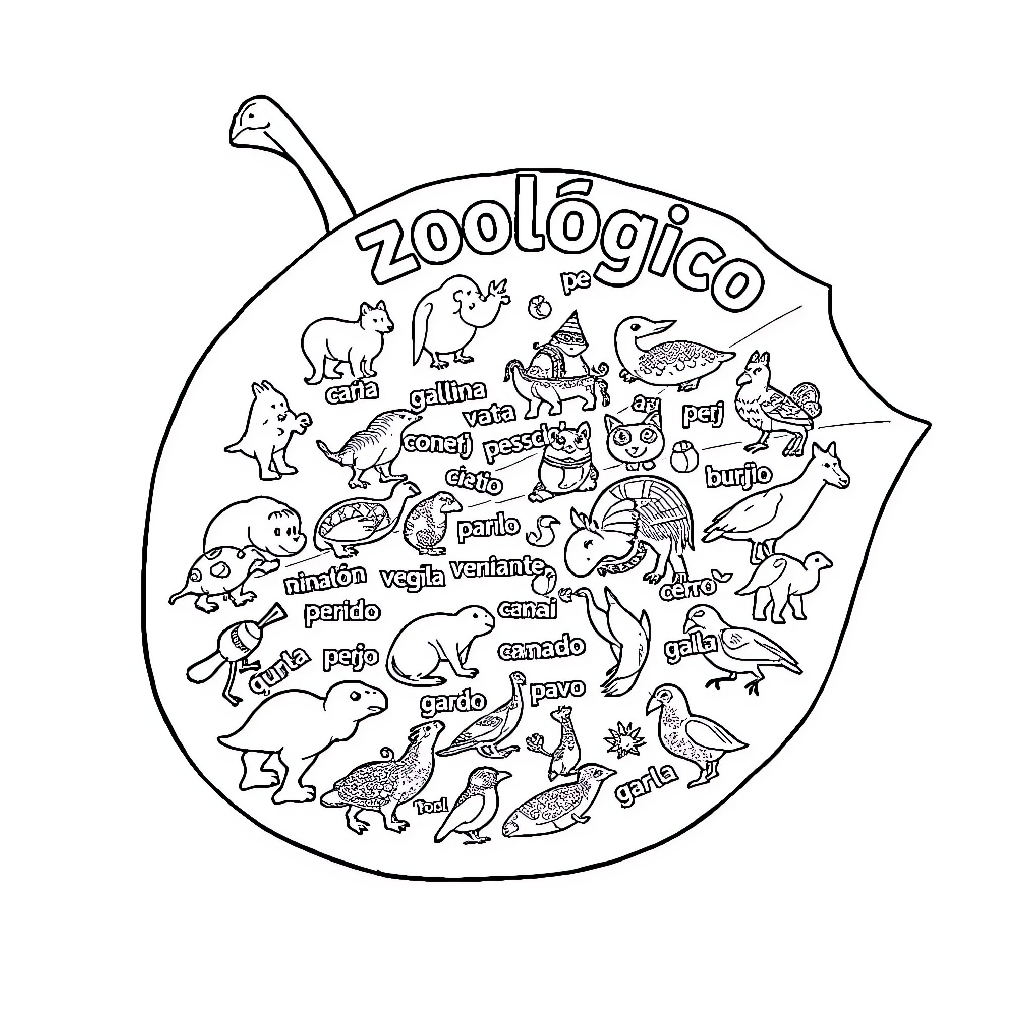 Animal vocabulary: Diverse wildlife and pets Coloring Page (free black-and-white line drawing printable PDF for all, from beginners to advanced learners, including children, teens, adults, and seniors)