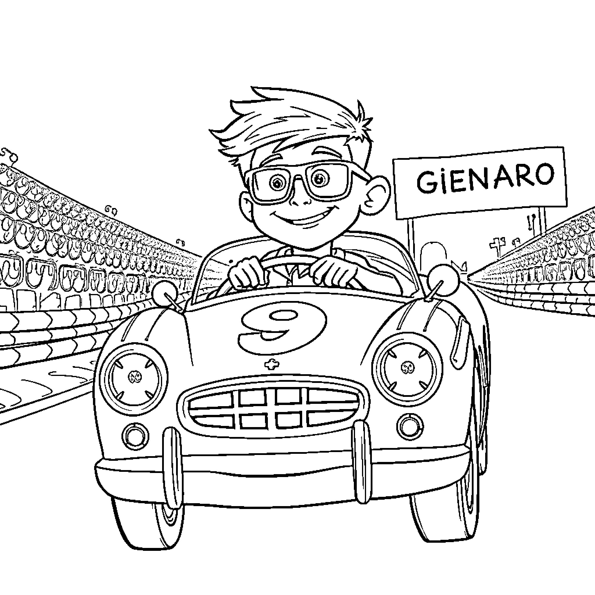 Child driving a race car on the road Coloring Page (free black-and-white line drawing printable PDF for all, from beginners to advanced learners, including children, teens, adults, and seniors)