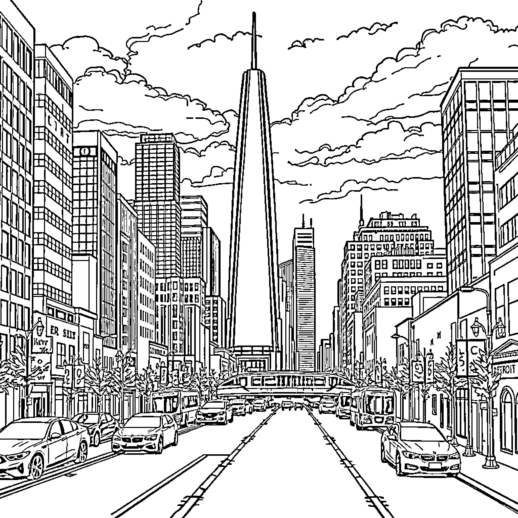 Detroit cityscape with high-rise buildings and skyscrapers Coloring Page (free black-and-white line drawing printable PDF for all, from beginners to advanced learners, including children, teens, adults, and seniors)