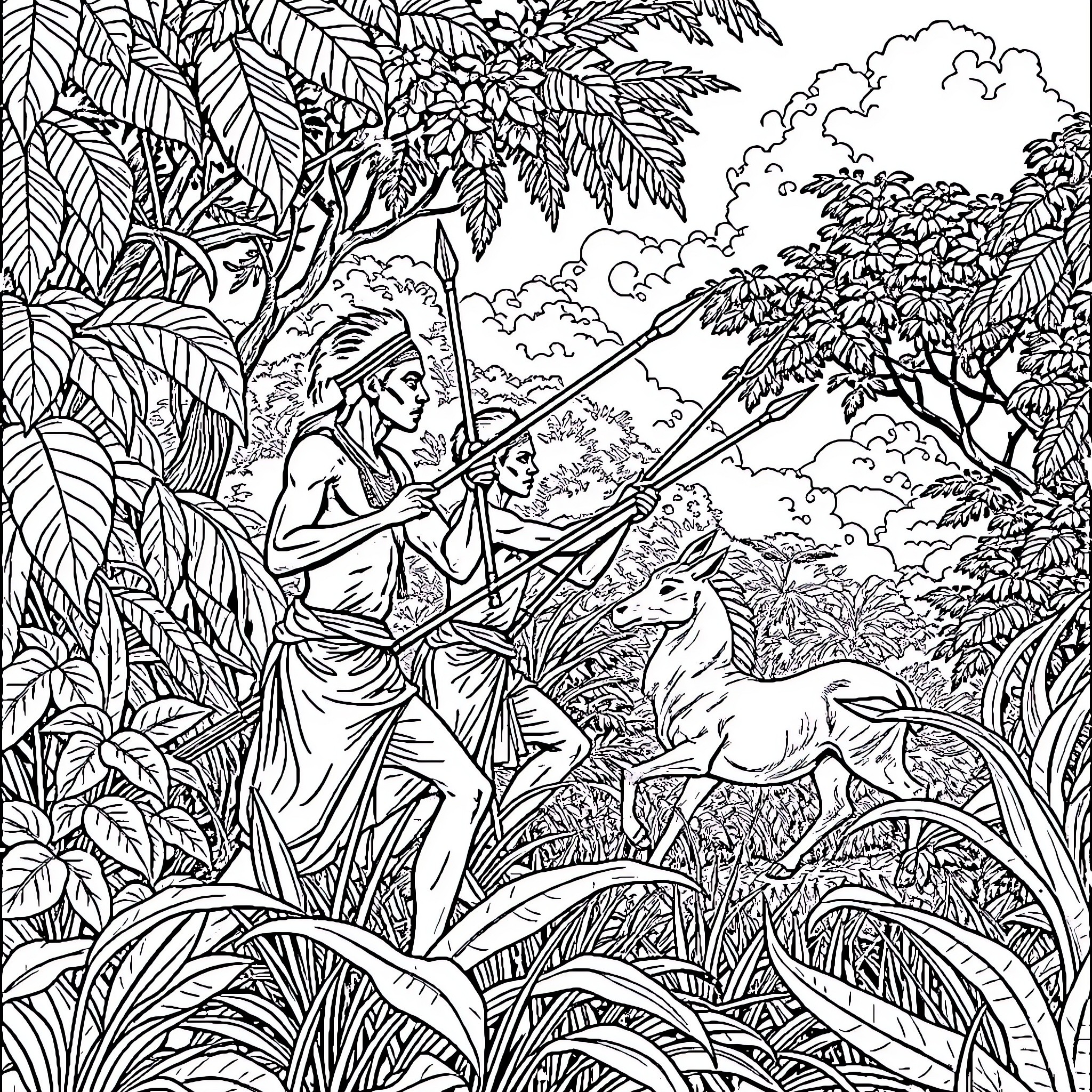 Man hunting in lush jungle with wild animals Coloring Page (free black-and-white line drawing printable PDF for all, from beginners to advanced learners, including children, teens, adults, and seniors)