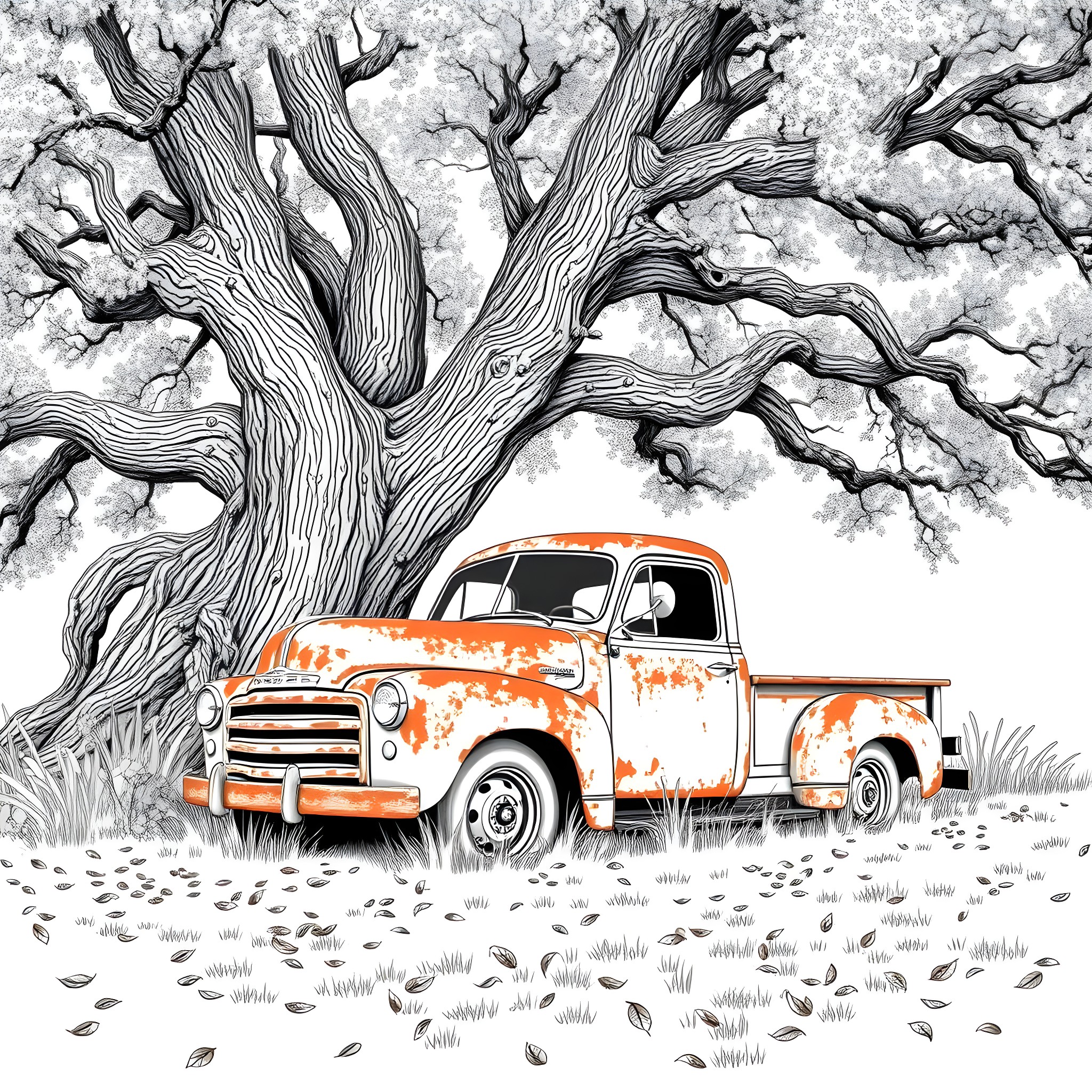 Truck Parked Under Weathered Tree Coloring Page (free black-and-white line drawing printable PDF for all, from beginners to advanced learners, including children, teens, adults, and seniors)