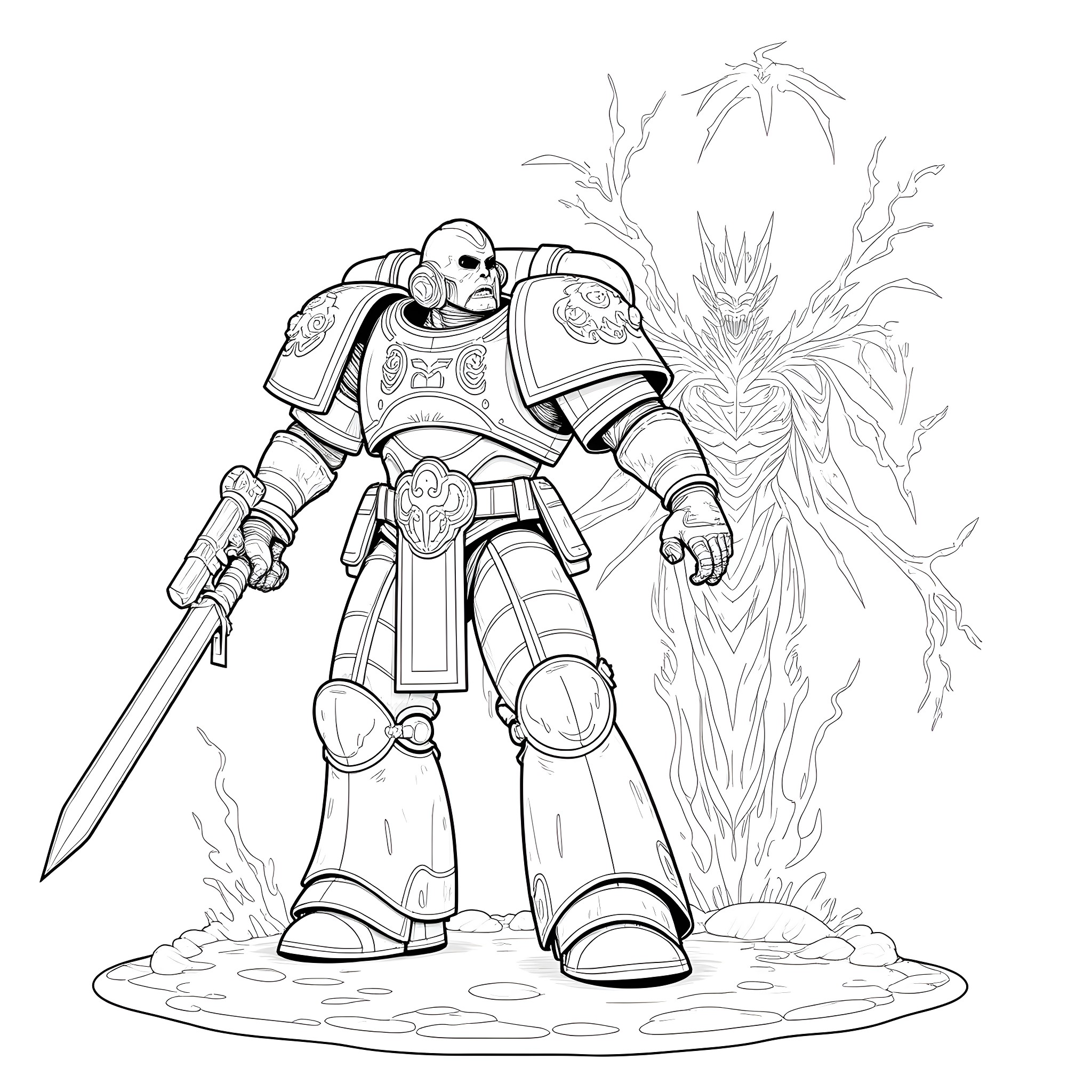 Space Marine Charging into Battle with Flaming Sword Coloring Page (free black-and-white line drawing printable PDF for all, from beginners to advanced learners, including children, teens, adults, and seniors)