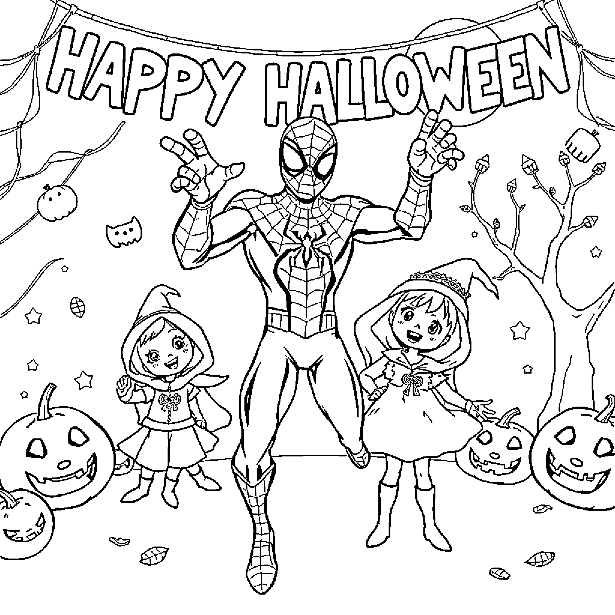 Spider-Man and children in Halloween costumes Coloring Page (free black-and-white line drawing printable PDF for all, from beginners to advanced learners, including children, teens, adults, and seniors)