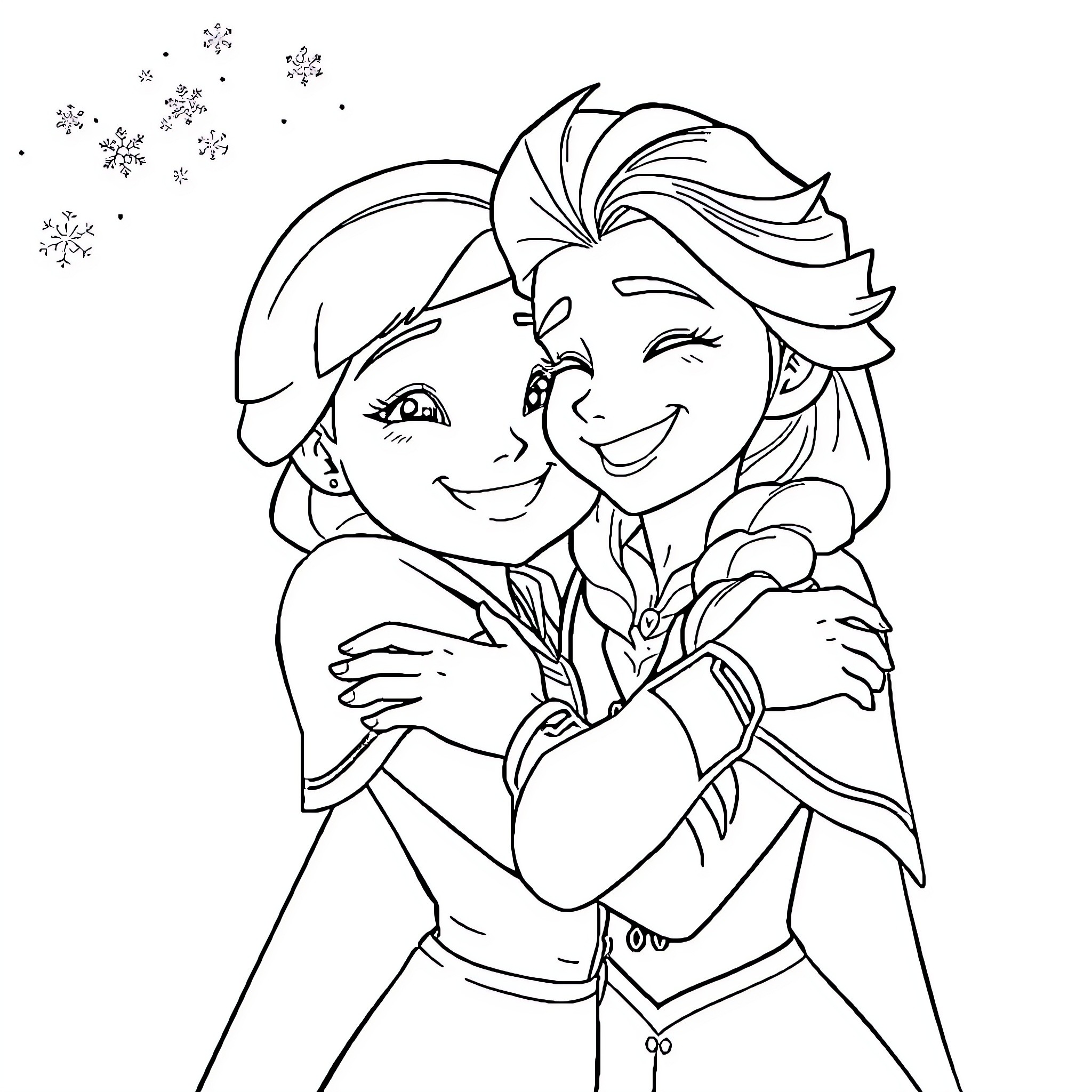 Gabby's Joyful Winter Embrace Coloring Page (free black-and-white line drawing printable PDF for all, from beginners to advanced learners, including children, teens, adults, and seniors)
