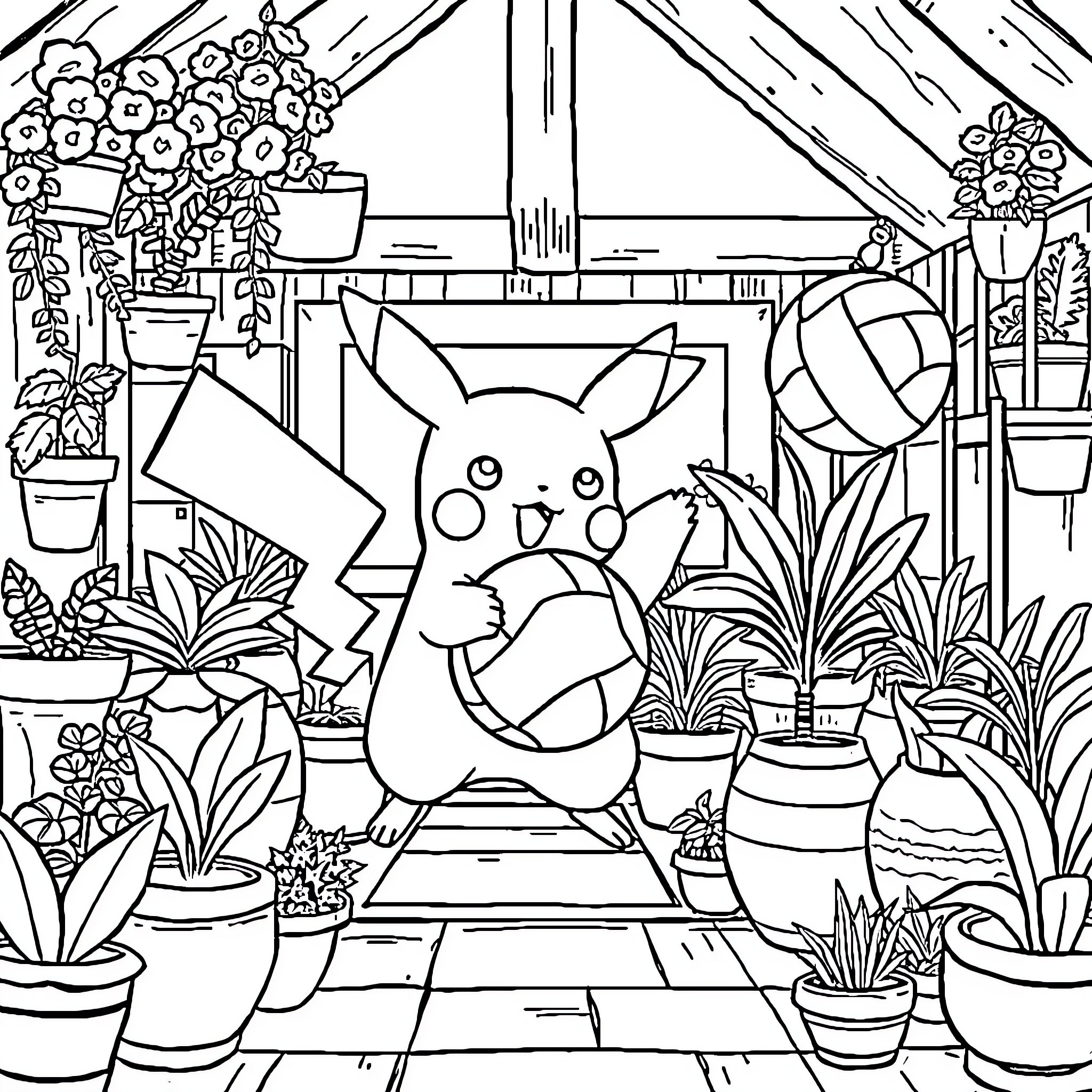 Pikachu relaxing in a cozy greenhouse Coloring Page (free black-and-white line drawing printable PDF for all, from beginners to advanced learners, including children, teens, adults, and seniors)