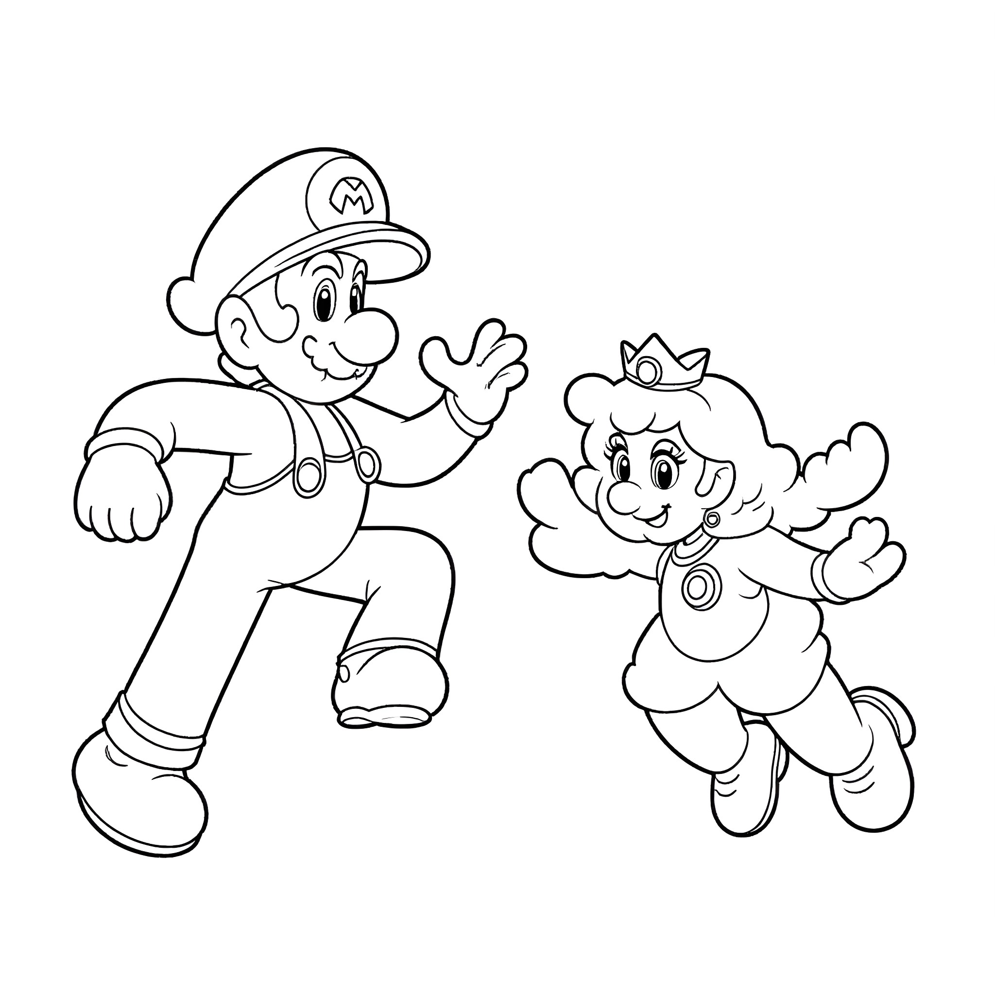 Mario and Princess Celebrating Together Coloring Page (free black-and-white line drawing printable PDF for all, from beginners to advanced learners, including children, teens, adults, and seniors)