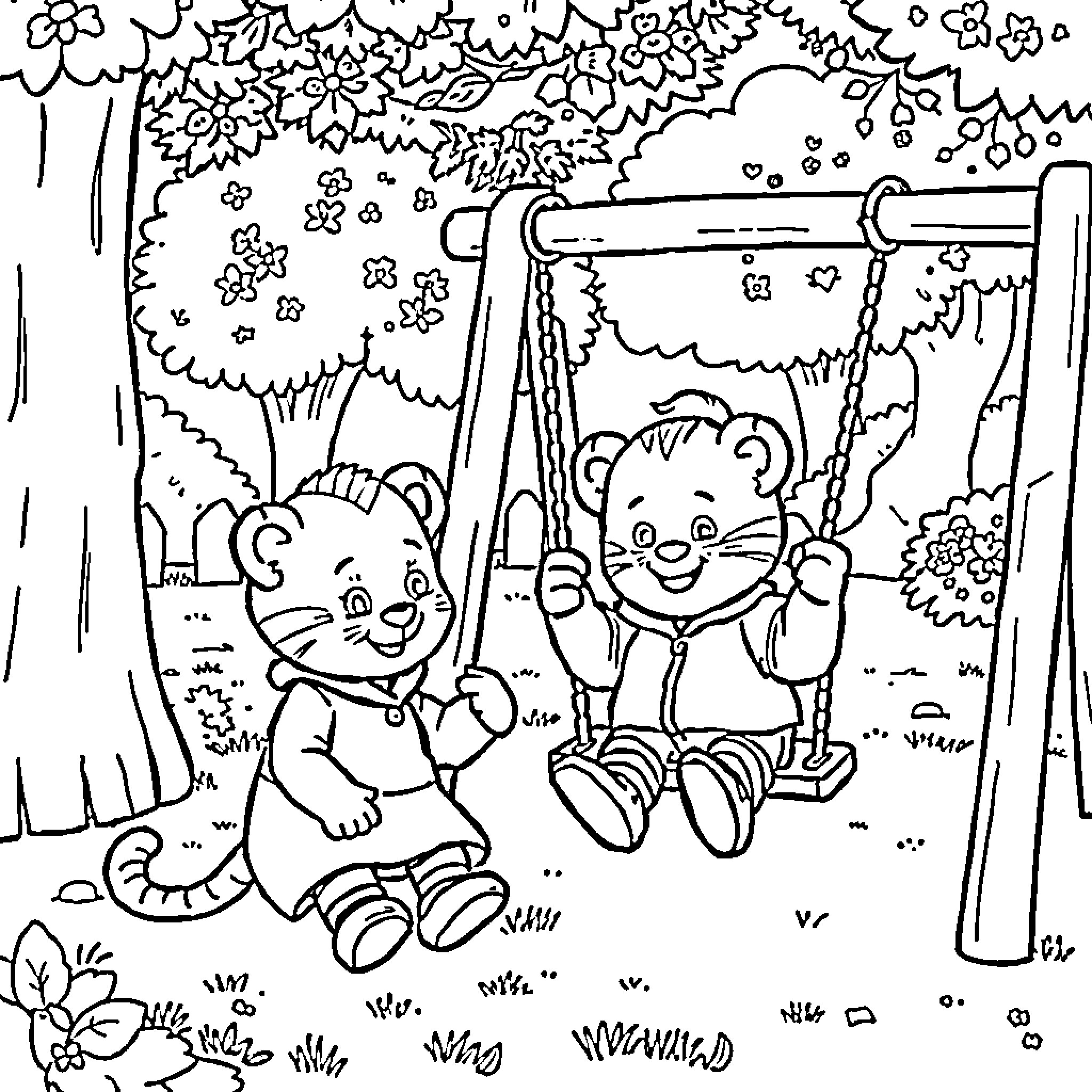 Dollhouse in the garden with playful teddy bears Coloring Page (free black-and-white line drawing printable PDF for all, from beginners to advanced learners, including children, teens, adults, and seniors)