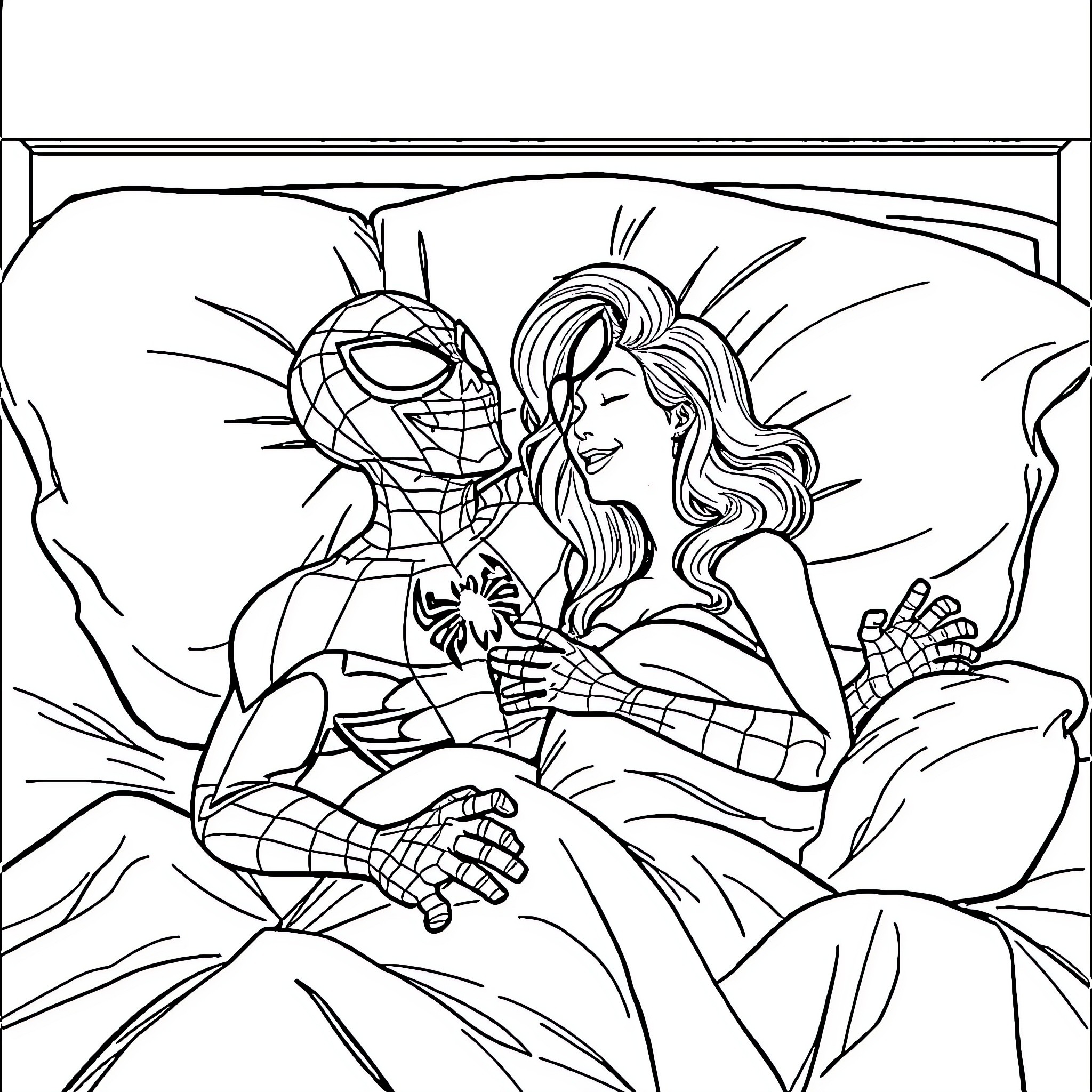Spiderman embracing a female companion Coloring Page (free black-and-white line drawing printable PDF for all, from beginners to advanced learners, including children, teens, adults, and seniors)