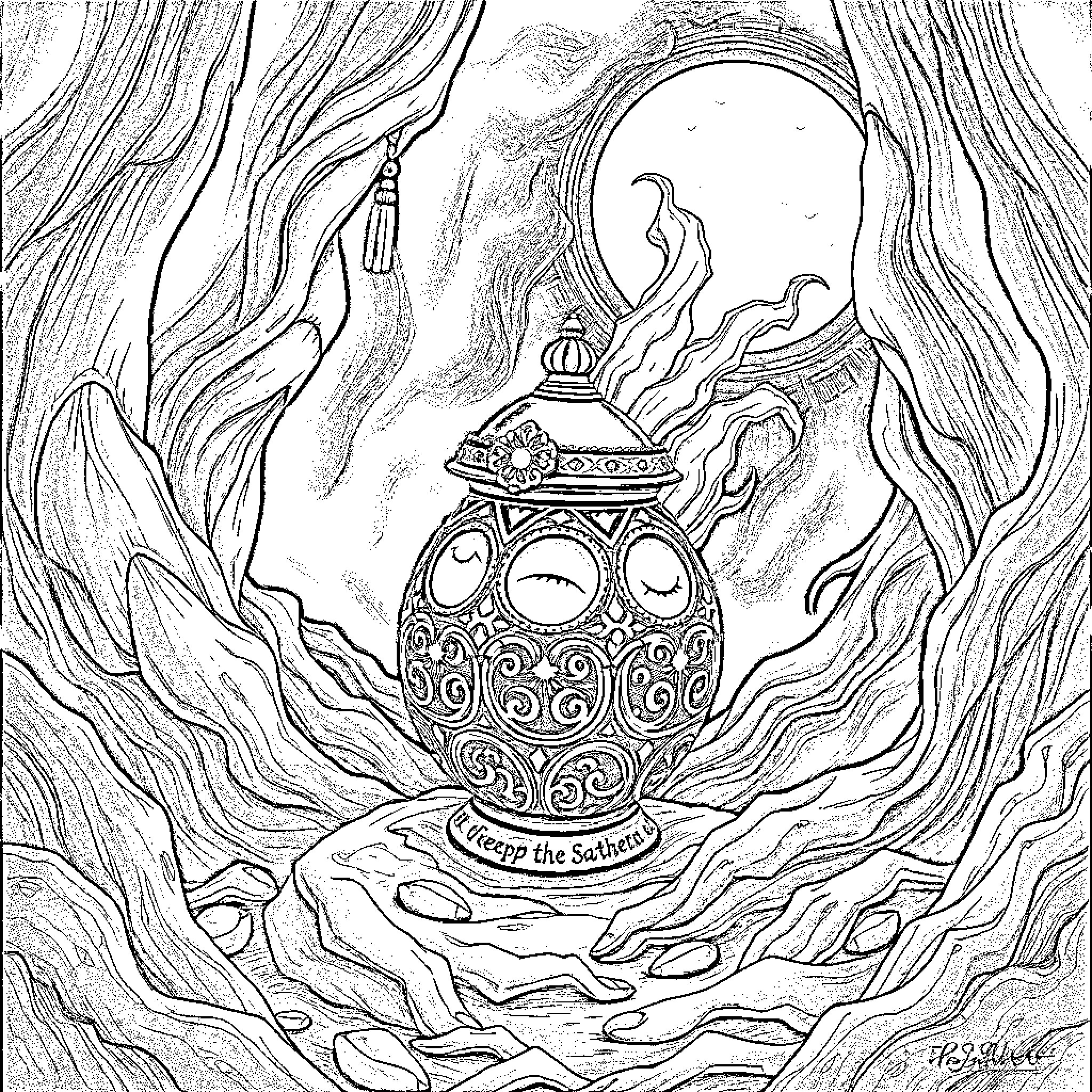 Vessel of Intricate Design in Mystical Setting Coloring Page (free black-and-white line drawing printable PDF for all, from beginners to advanced learners, including children, teens, adults, and seniors)