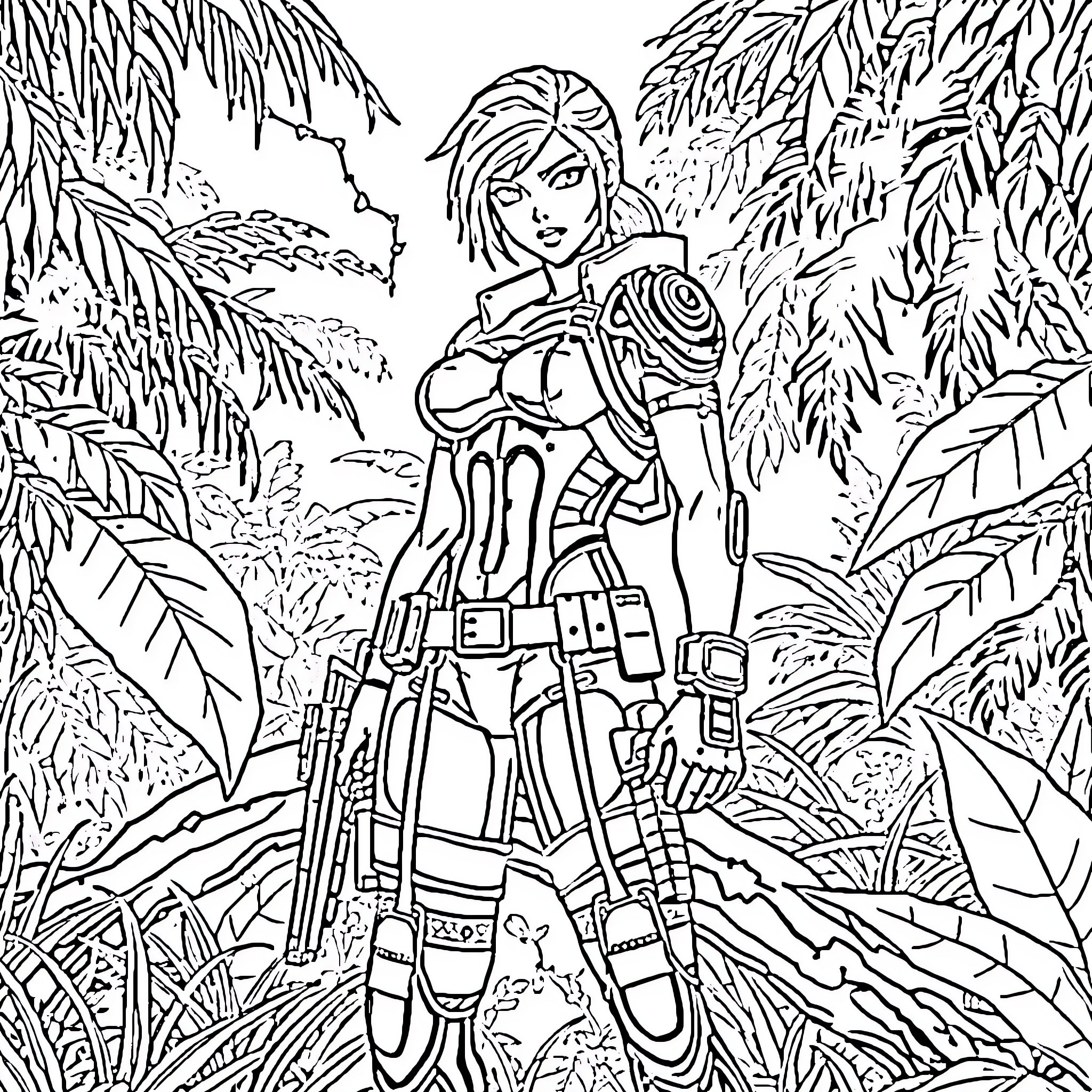 Eva exploring the lush tropical jungle Coloring Page (free black-and-white line drawing printable PDF for all, from beginners to advanced learners, including children, teens, adults, and seniors)
