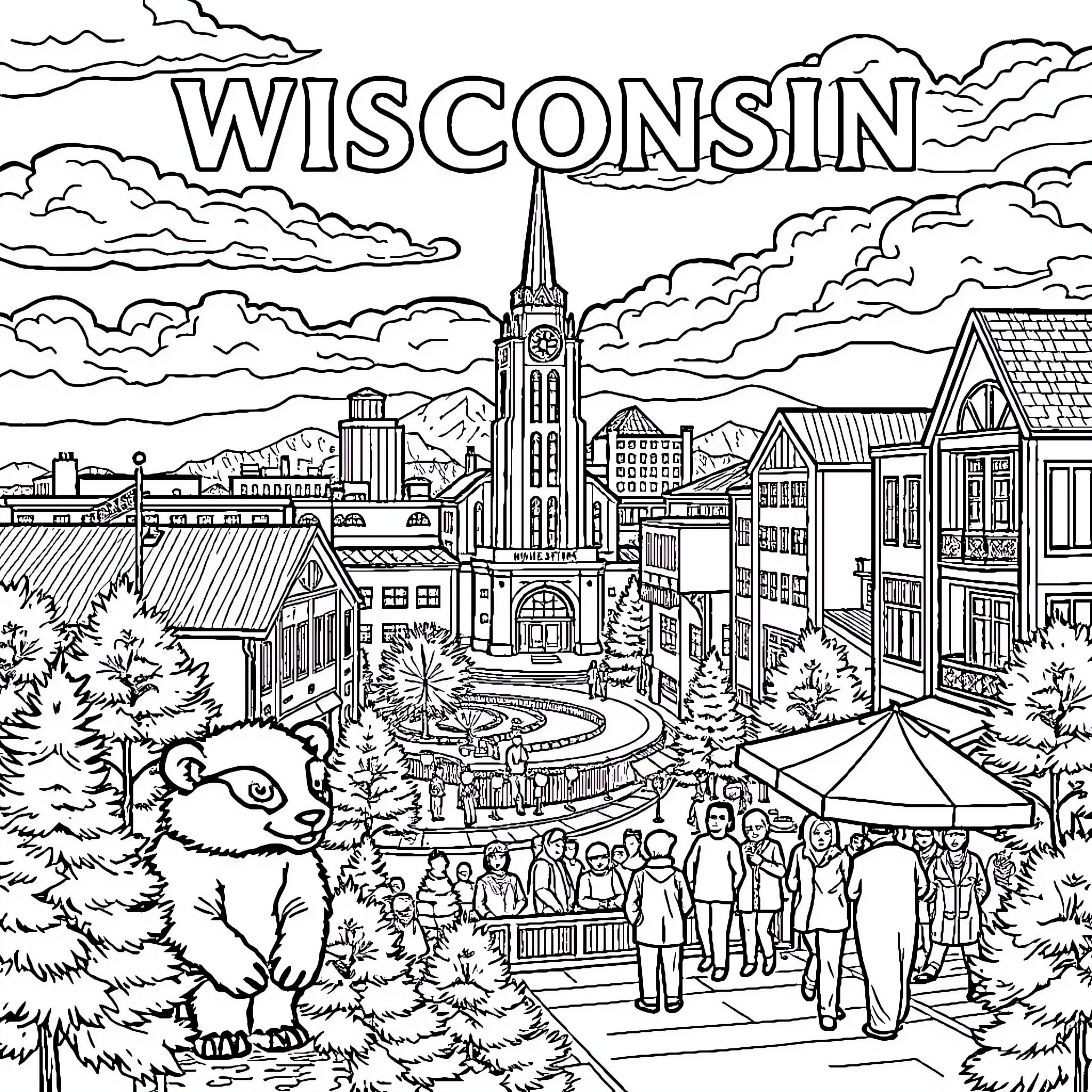 Badger exploring the vibrant streets of Wisconsin Coloring Page (free black-and-white line drawing printable PDF for all, from beginners to advanced learners, including children, teens, adults, and seniors)