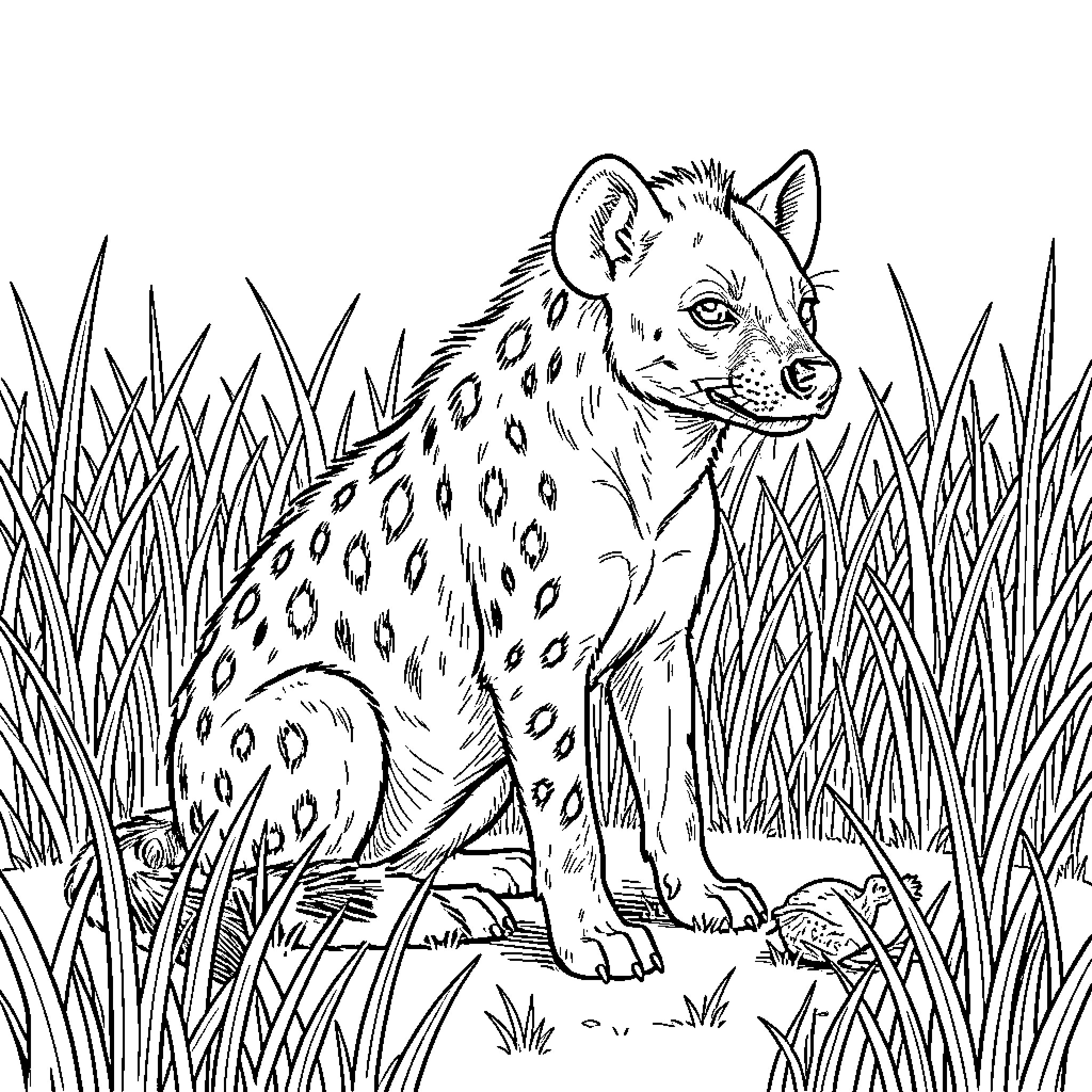 Hyena sitting calmly amidst tall wild grass Coloring Page (free black-and-white line drawing printable PDF for all, from beginners to advanced learners, including children, teens, adults, and seniors)
