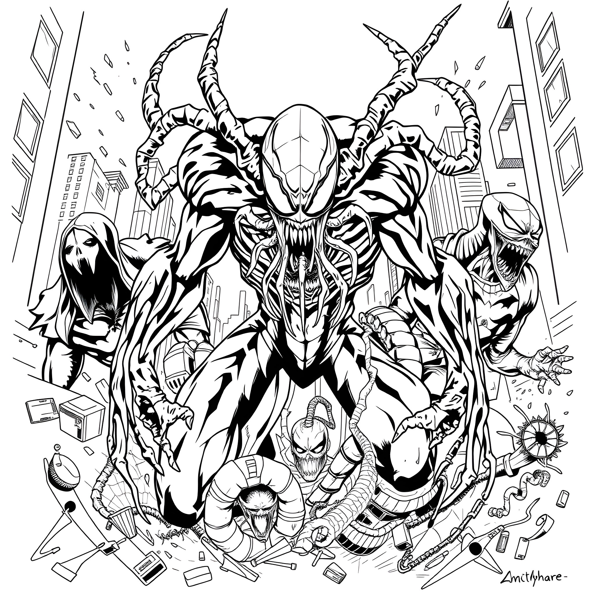 Carnage Unleashed: Chaos in the City Coloring Page (free black-and-white line drawing printable PDF for all, from beginners to advanced learners, including children, teens, adults, and seniors)