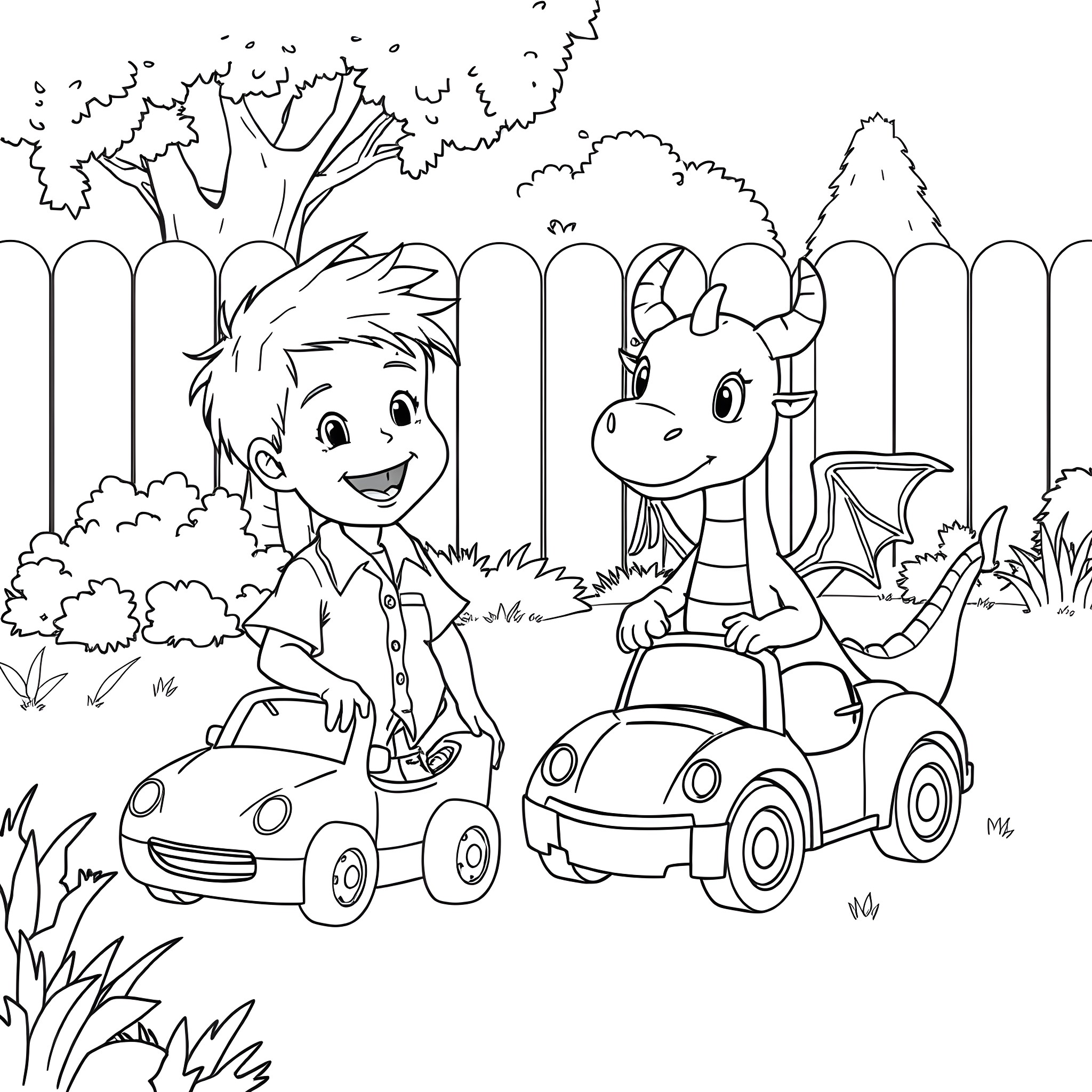 Dragon Riding Cars and Exploring Nature Coloring Page (free black-and-white line drawing printable PDF for all, from beginners to advanced learners, including children, teens, adults, and seniors)