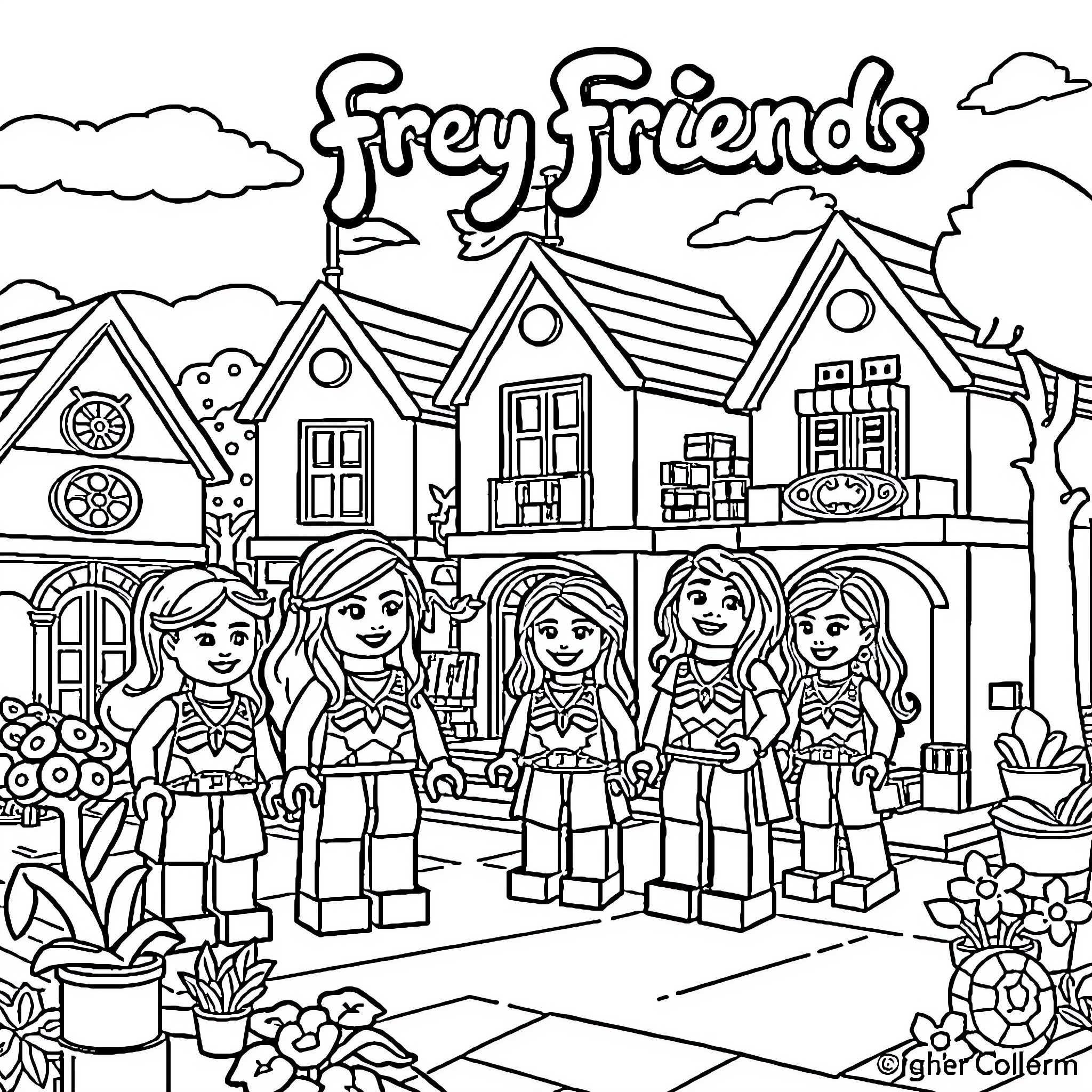 Lego Friends playing and exploring their colorful neighborhood Coloring Page (free black-and-white line drawing printable PDF for all, from beginners to advanced learners, including children, teens, adults, and seniors)