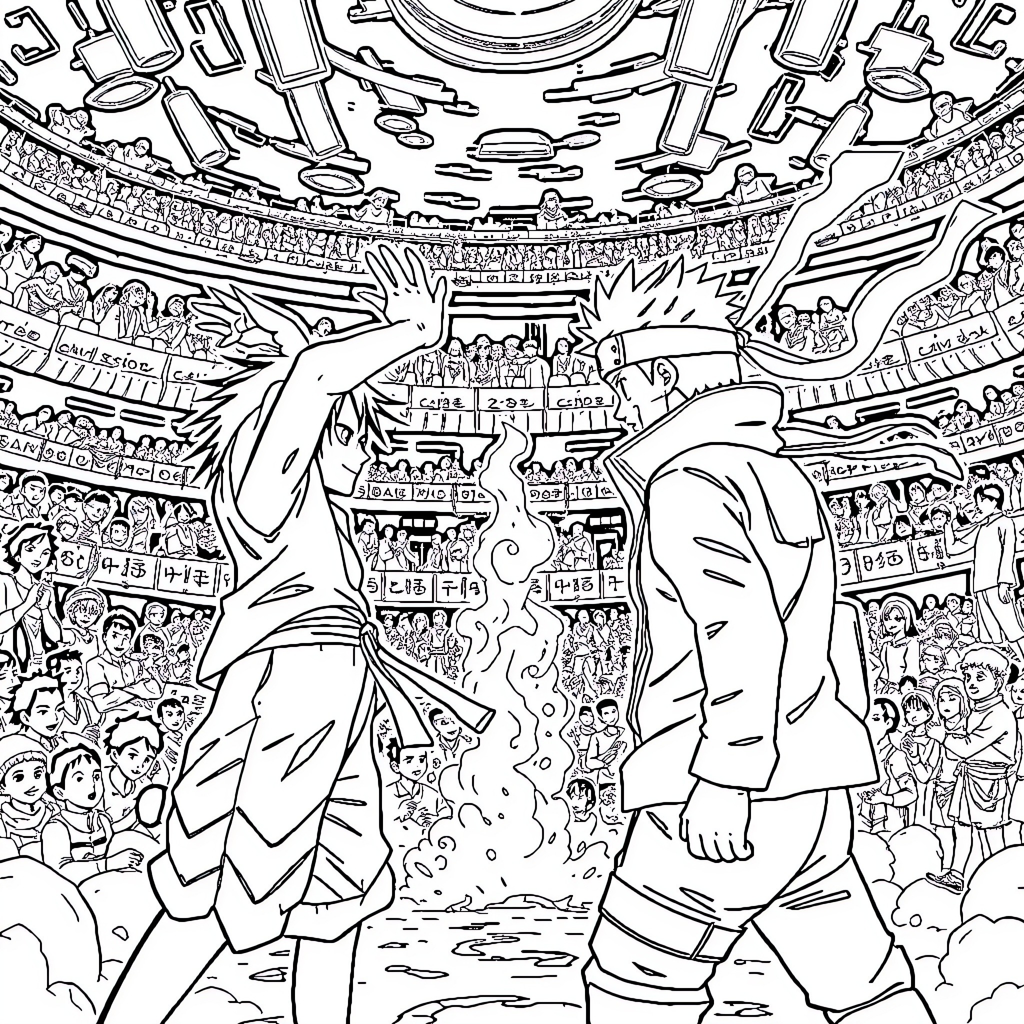 Luffy's Thrilling Showdown in the Bustling Coliseum Coloring Page (free black-and-white line drawing printable PDF for all, from beginners to advanced learners, including children, teens, adults, and seniors)