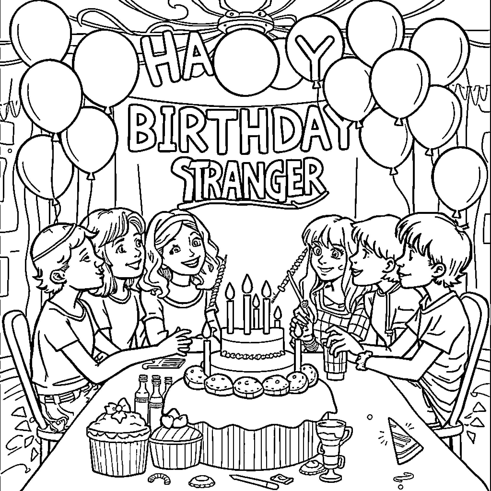 Stranger Things: Birthday Celebration with Strangers Coloring Page (free black-and-white line drawing printable PDF for all, from beginners to advanced learners, including children, teens, adults, and seniors)