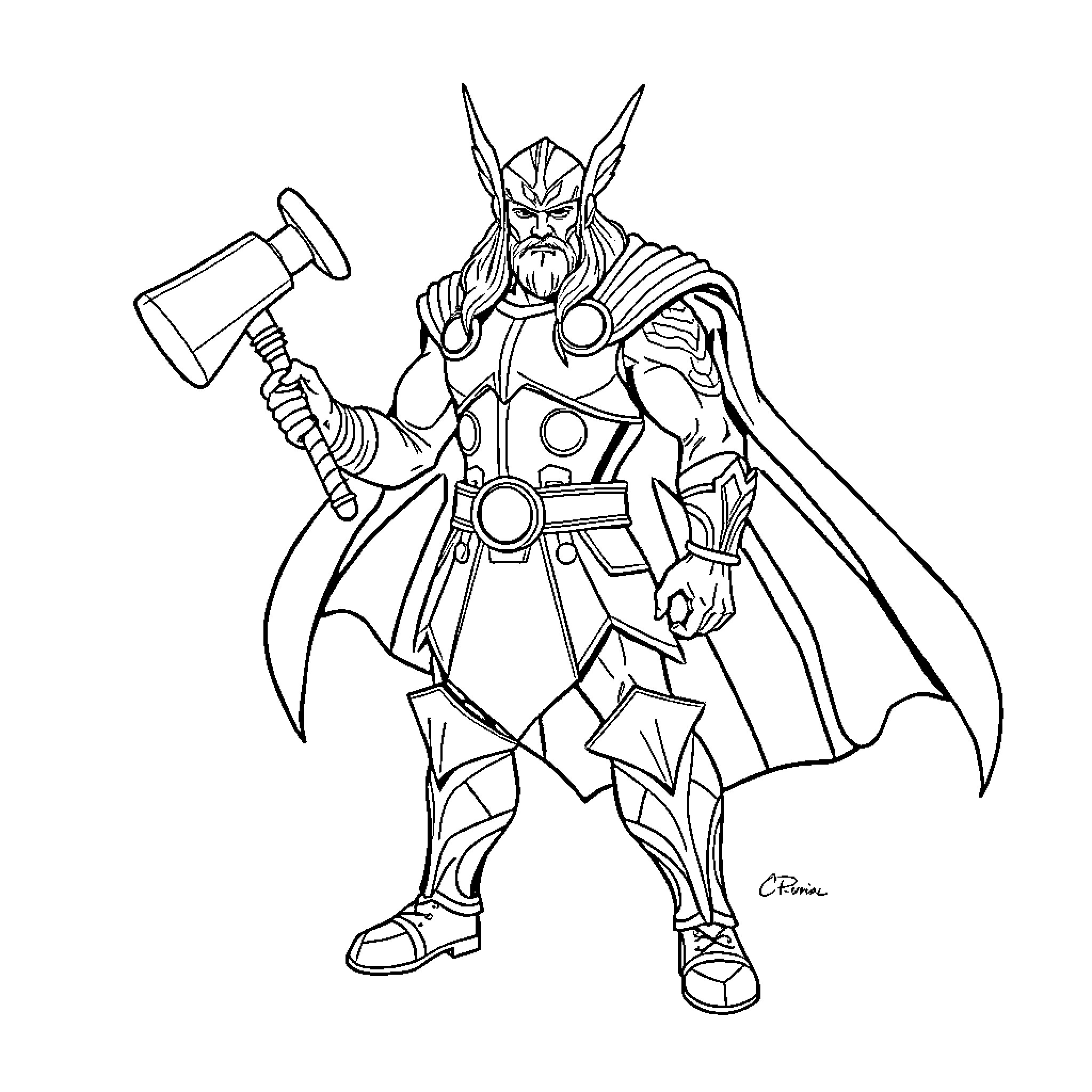 Thor wielding his mighty hammer in battle Coloring Page (free black-and-white line drawing printable PDF for all, from beginners to advanced learners, including children, teens, adults, and seniors)