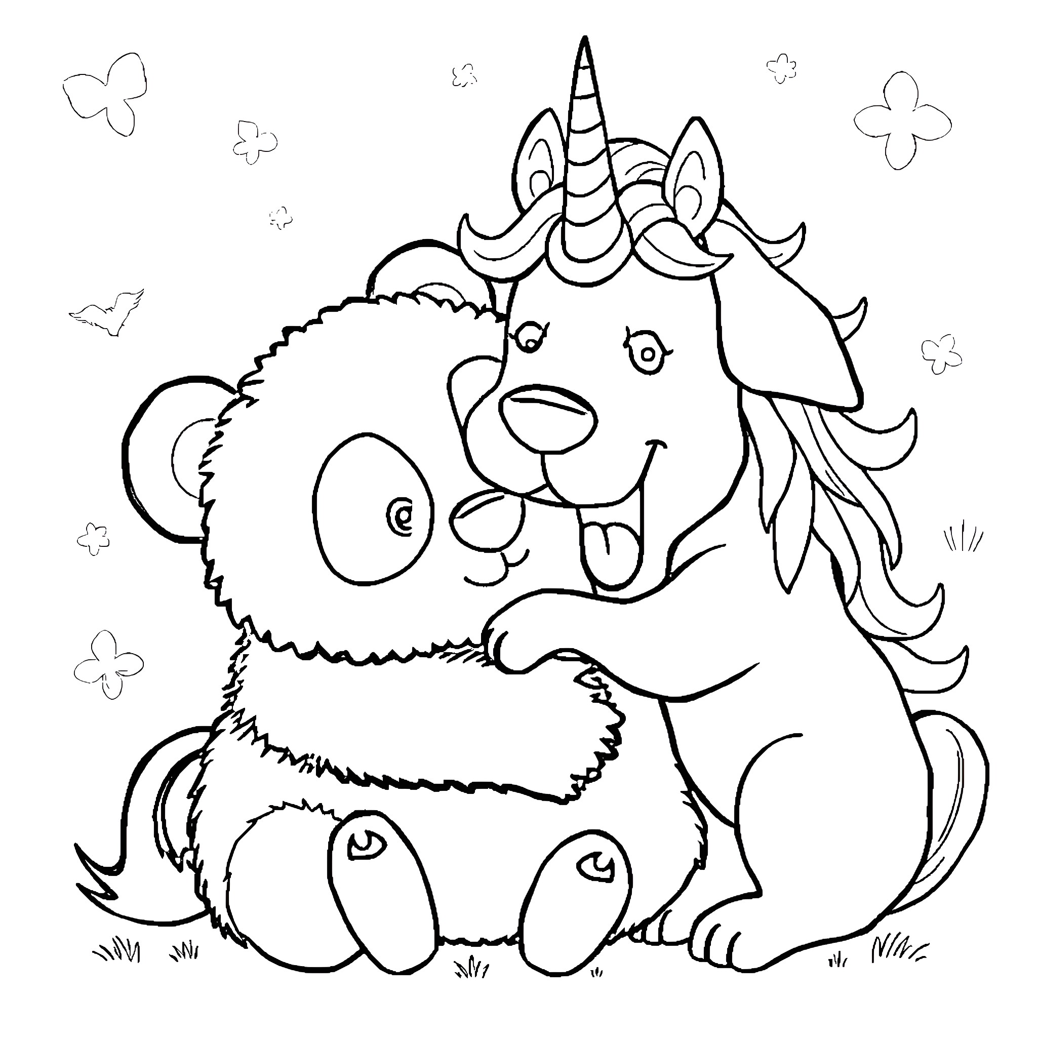 Panda unicorn playing with butterflies Coloring Page (free black-and-white line drawing printable PDF for all, from beginners to advanced learners, including children, teens, adults, and seniors)