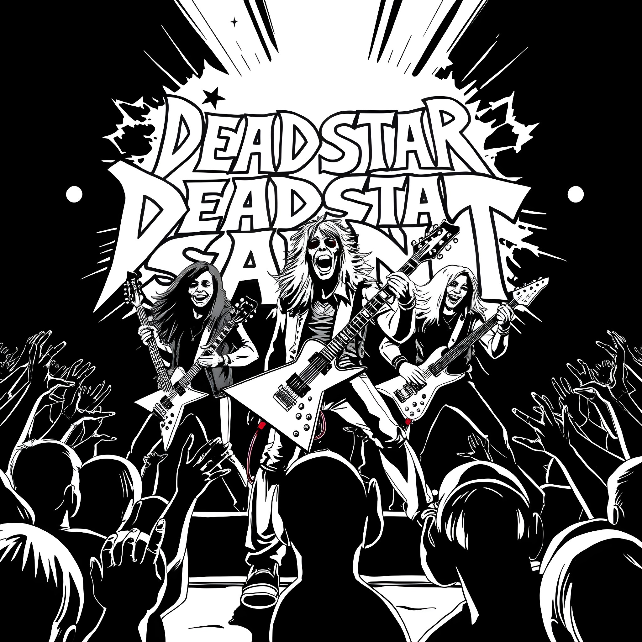 Heavy Metal Band Performing Energetic Live Show Coloring Page (free black-and-white line drawing printable PDF for all, from beginners to advanced learners, including children, teens, adults, and seniors)