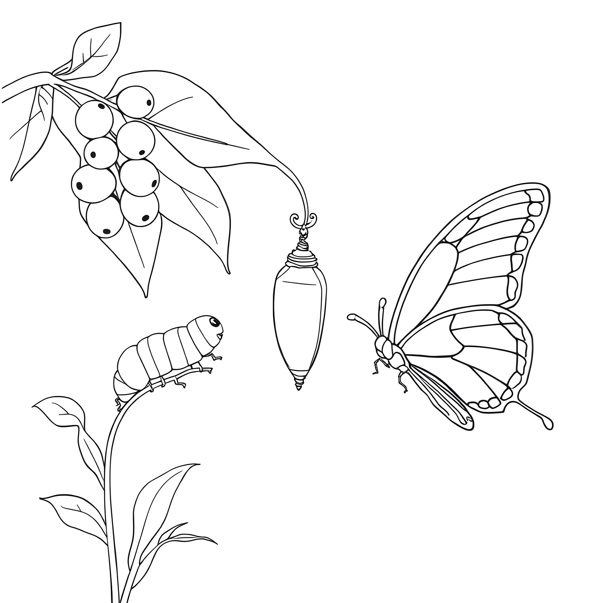 Butterfly Interacting with Nature Coloring Page (free black-and-white line drawing printable PDF for all, from beginners to advanced learners, including children, teens, adults, and seniors)