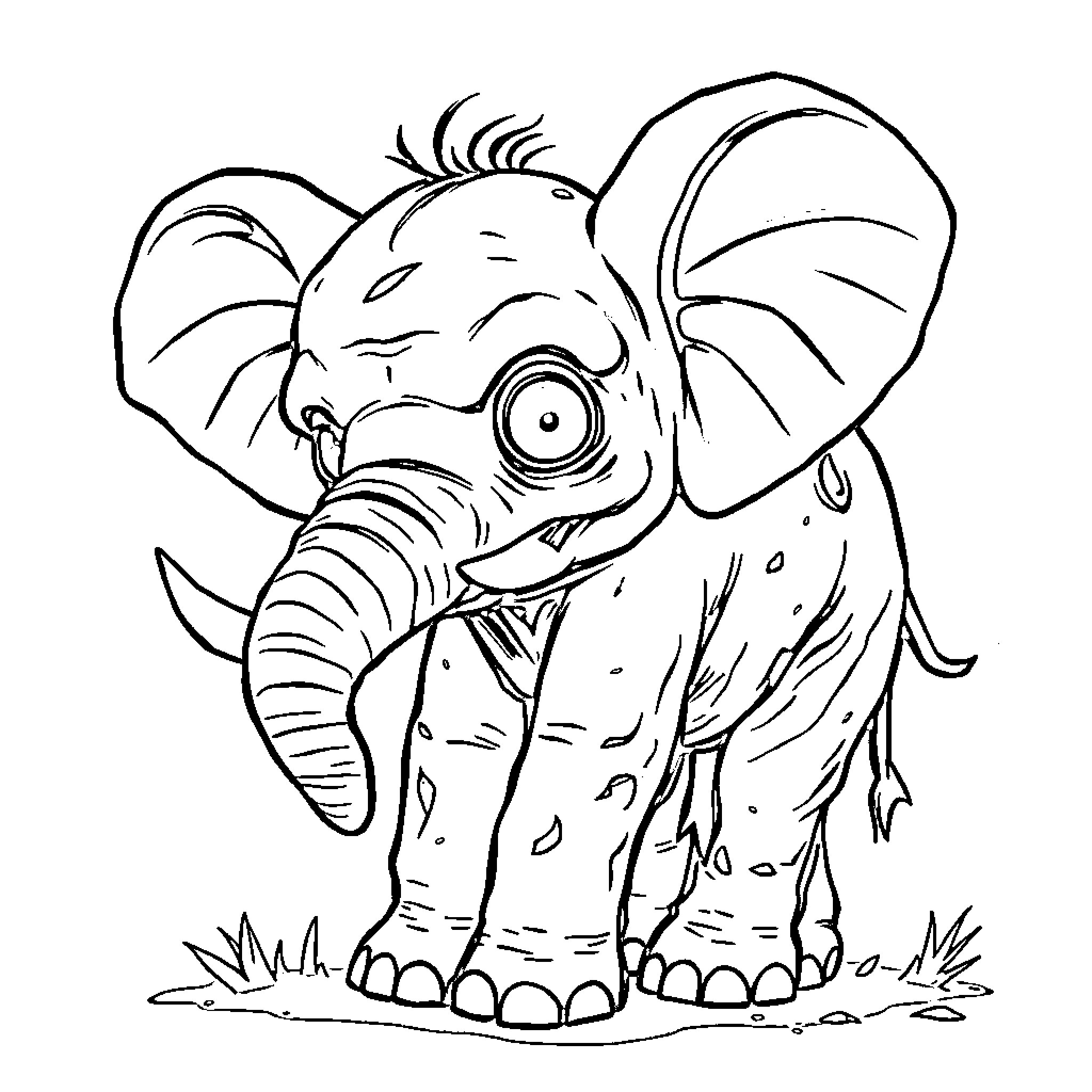 Zombie Elephant Exploring the Wilderness Coloring Page (free black-and-white line drawing printable PDF for all, from beginners to advanced learners, including children, teens, adults, and seniors)