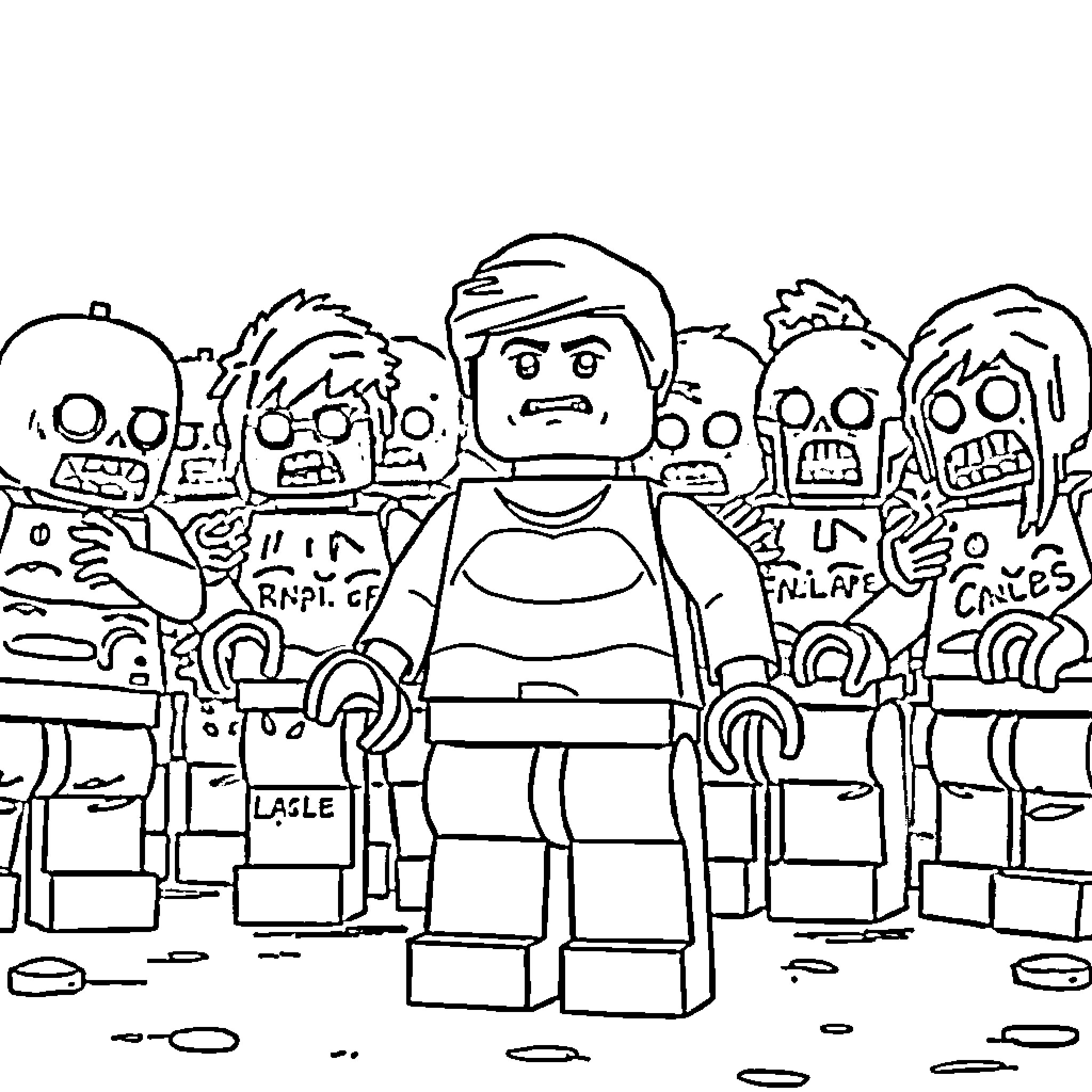 Lego Minifigures Facing Zombie Apocalypse Coloring Page (free black-and-white line drawing printable PDF for all, from beginners to advanced learners, including children, teens, adults, and seniors)