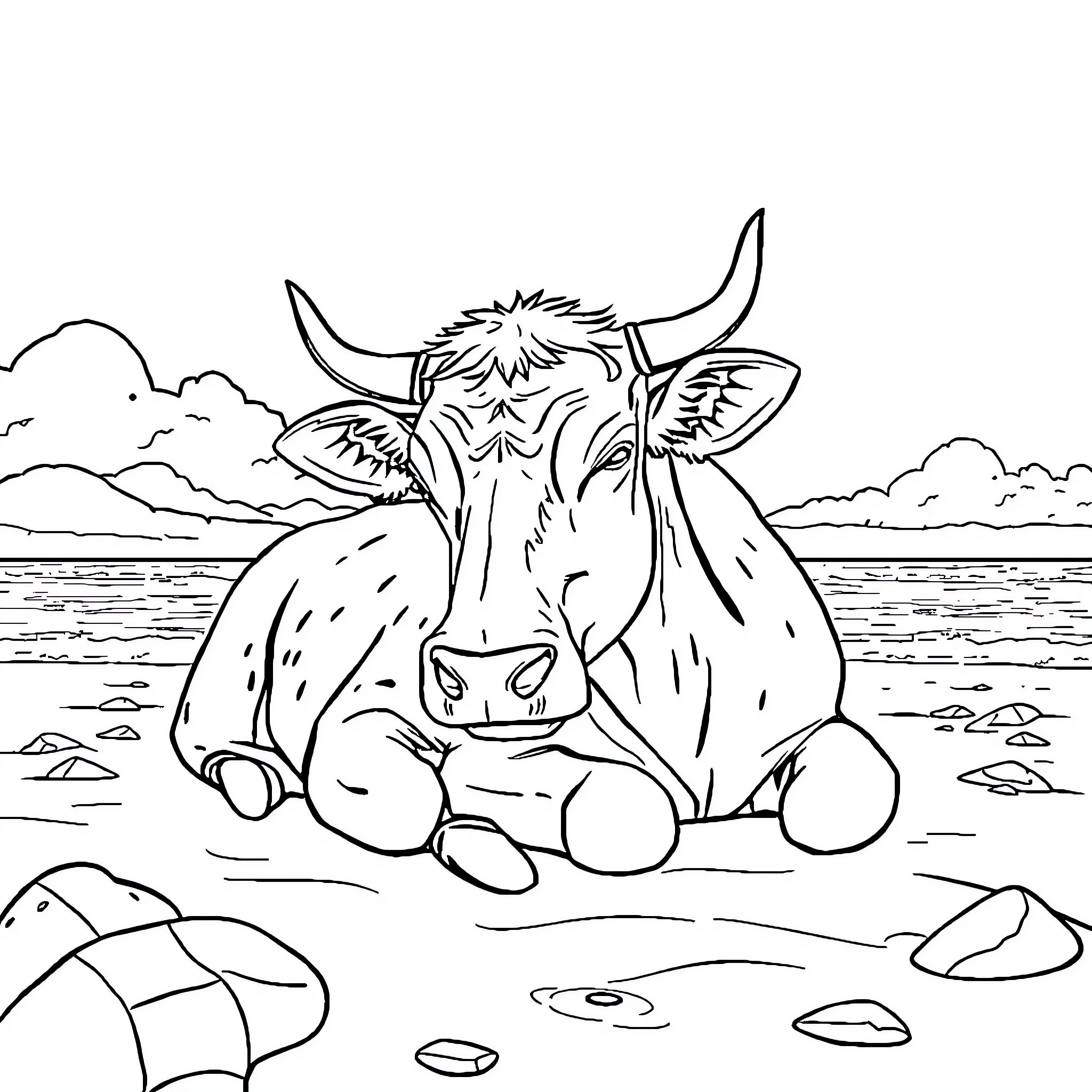 Vaca resting peacefully by the lake Coloring Page (free black-and-white line drawing printable PDF for all, from beginners to advanced learners, including children, teens, adults, and seniors)