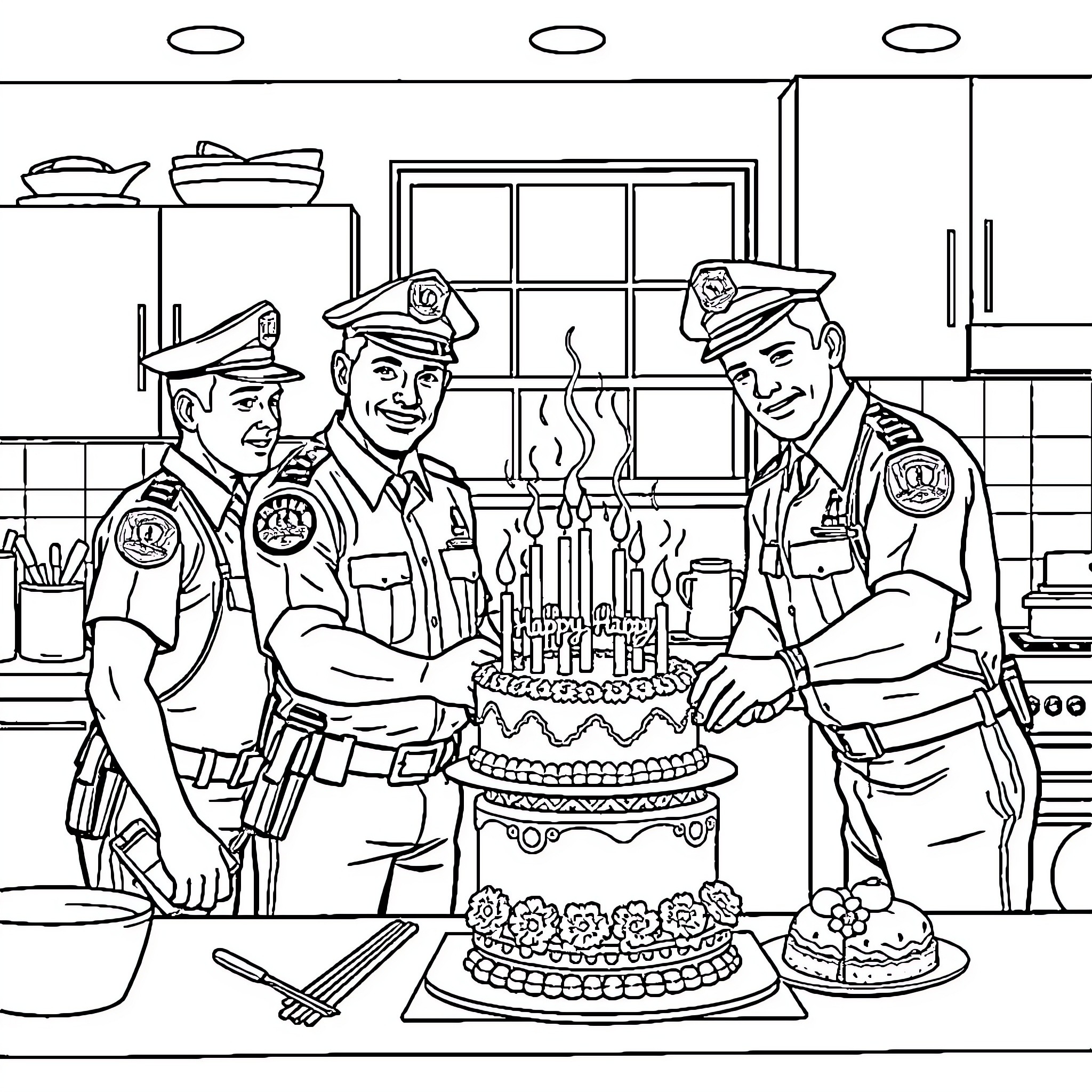 Police officers celebrating birthday in the station Coloring Page (free black-and-white line drawing printable PDF for all, from beginners to advanced learners, including children, teens, adults, and seniors)