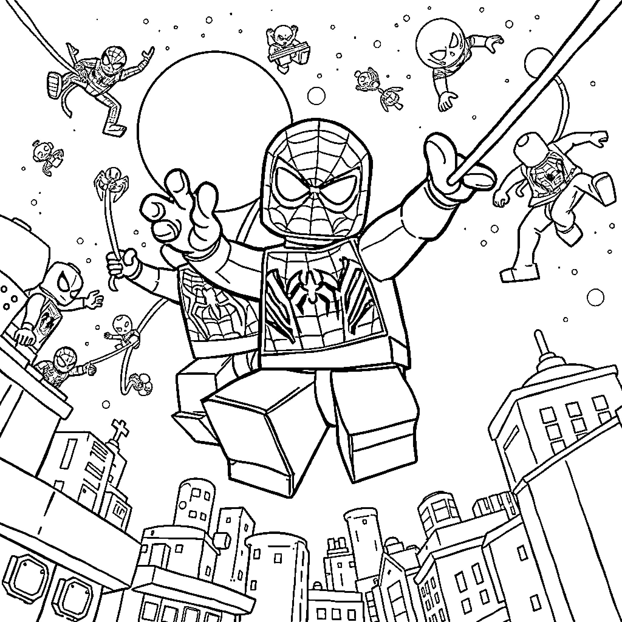 Spider-Man's Lego Adventure in the City Coloring Page (free black-and-white line drawing printable PDF for all, from beginners to advanced learners, including children, teens, adults, and seniors)