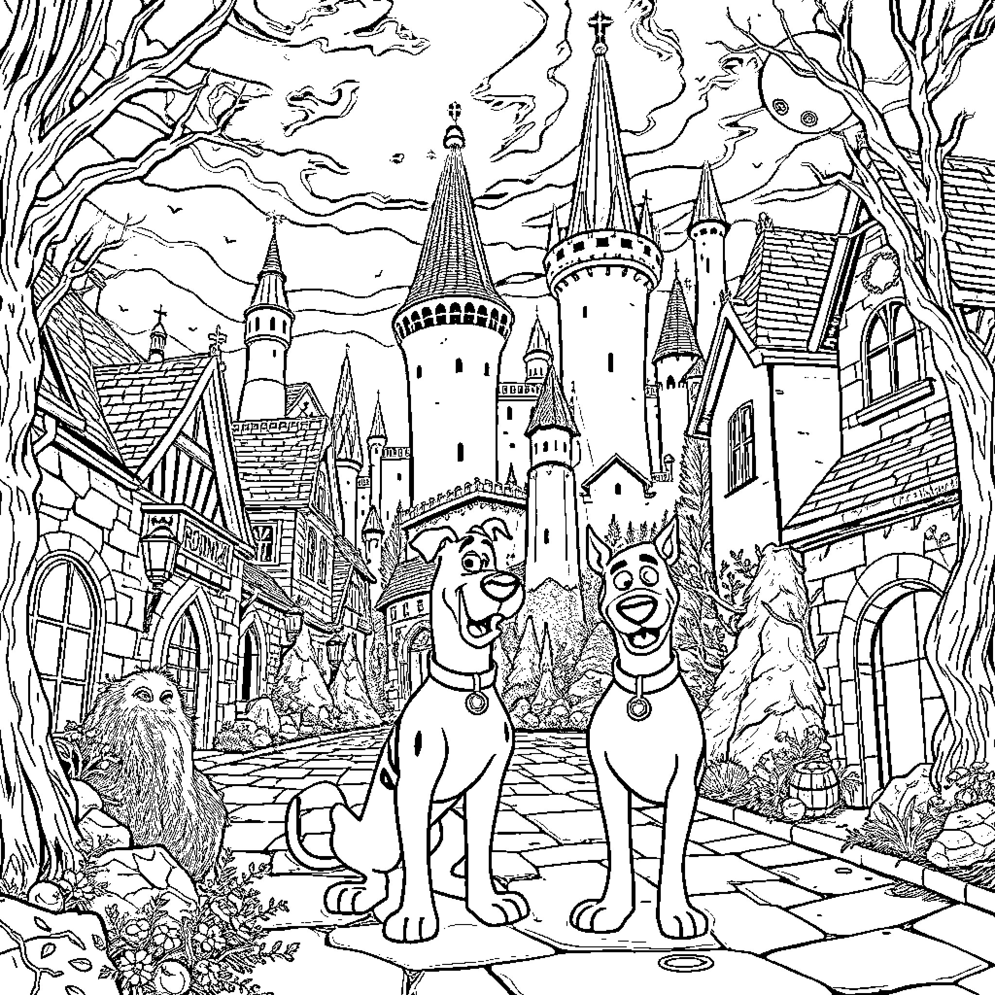 Scooby Doo's Spooky Adventure in a Magical Castle Coloring Page (free black-and-white line drawing printable PDF for all, from beginners to advanced learners, including children, teens, adults, and seniors)