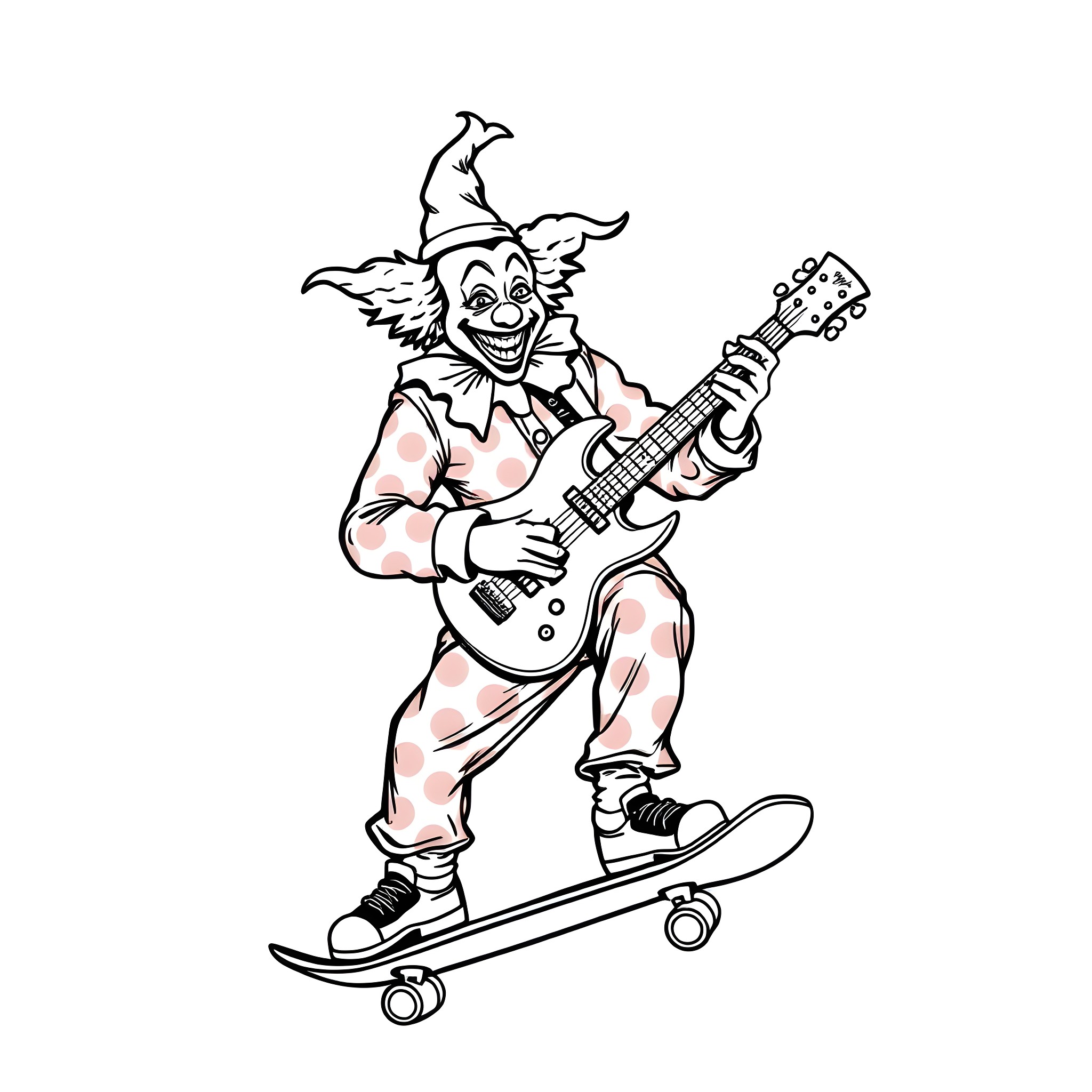 Clown rocking out on guitar while skateboarding Coloring Page (free black-and-white line drawing printable PDF for all, from beginners to advanced learners, including children, teens, adults, and seniors)