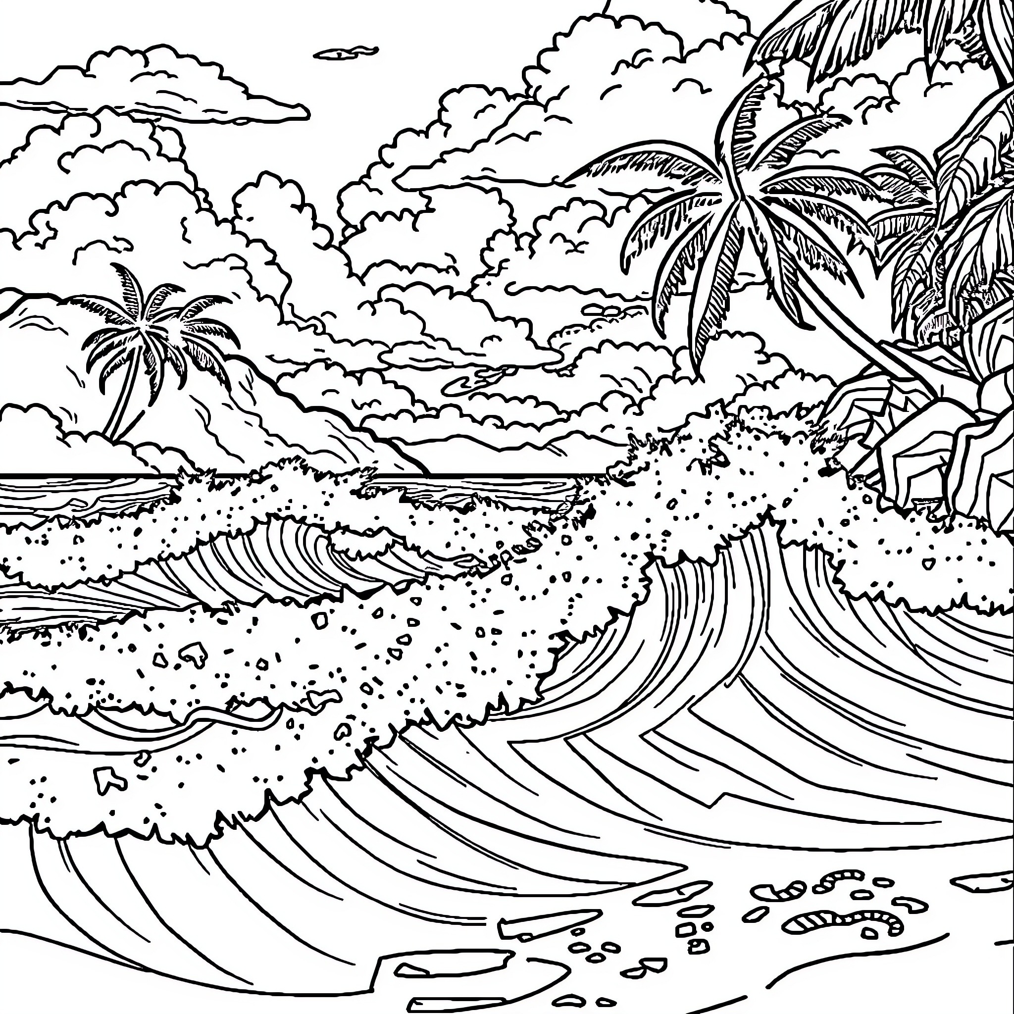 Ocean waves crashing against tropical shore Coloring Page (free black-and-white line drawing printable PDF for all, from beginners to advanced learners, including children, teens, adults, and seniors)
