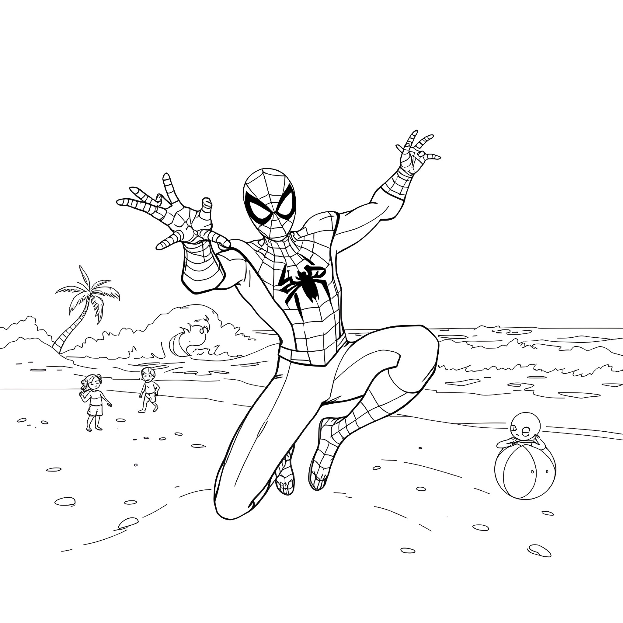 Spiderman swinging joyfully on the beach Coloring Page (free black-and-white line drawing printable PDF for all, from beginners to advanced learners, including children, teens, adults, and seniors)