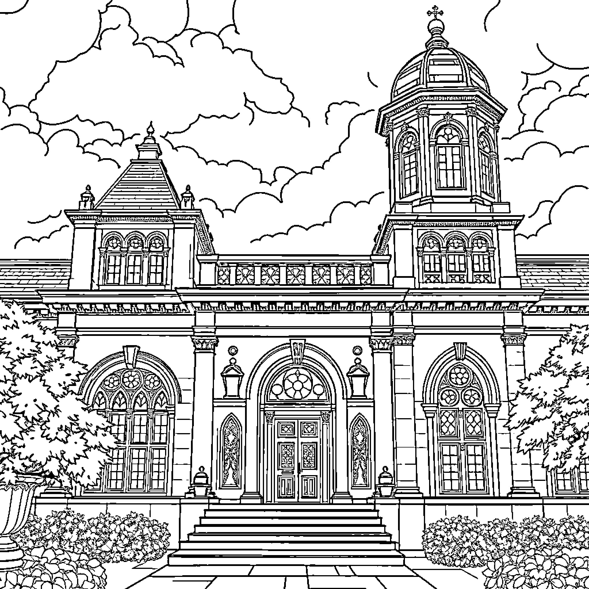 Architecture of grand historic building with detailed features Coloring Page (free black-and-white line drawing printable PDF for all, from beginners to advanced learners, including children, teens, adults, and seniors)