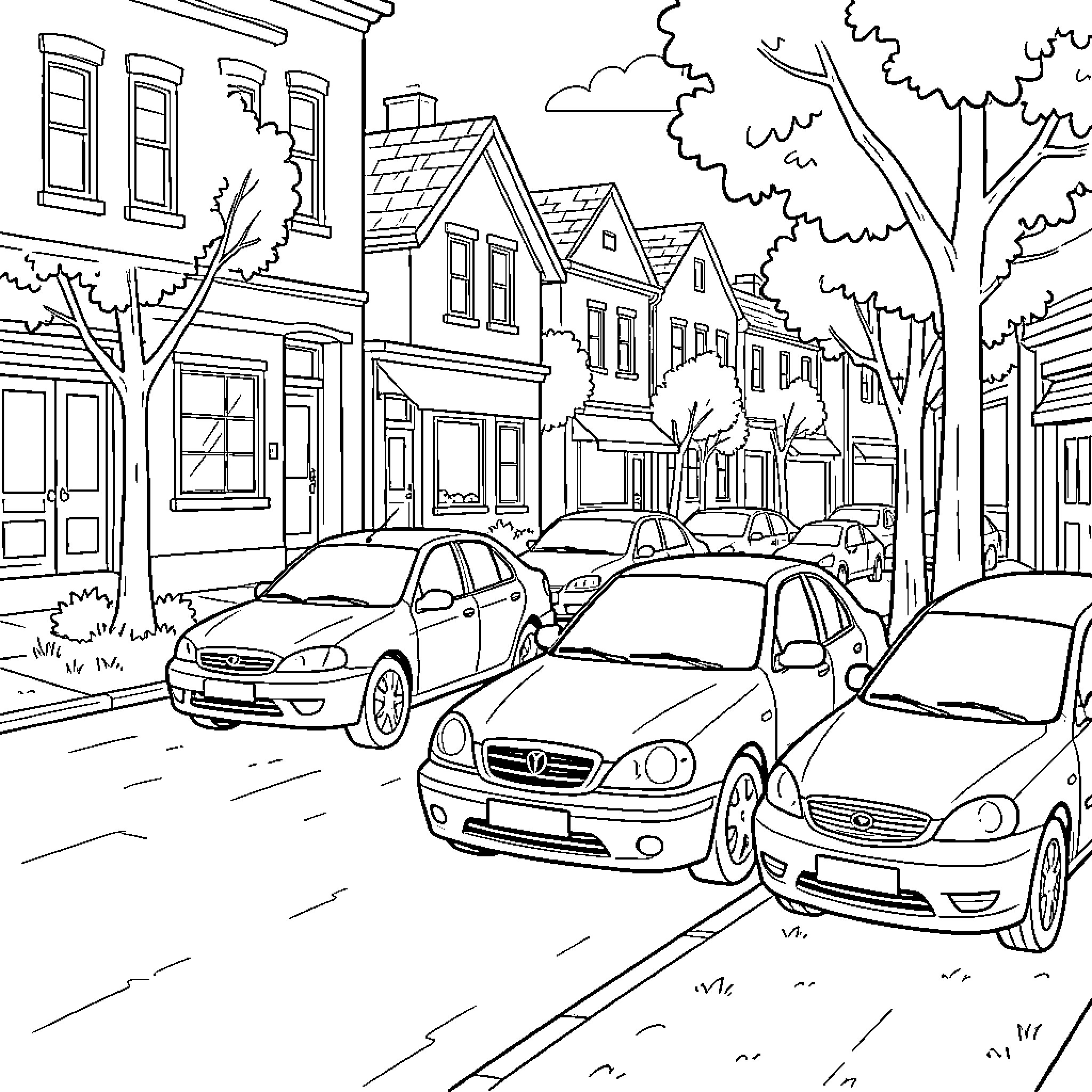 Cars parked on a suburban street Coloring Page (free black-and-white line drawing printable PDF for all, from beginners to advanced learners, including children, teens, adults, and seniors)