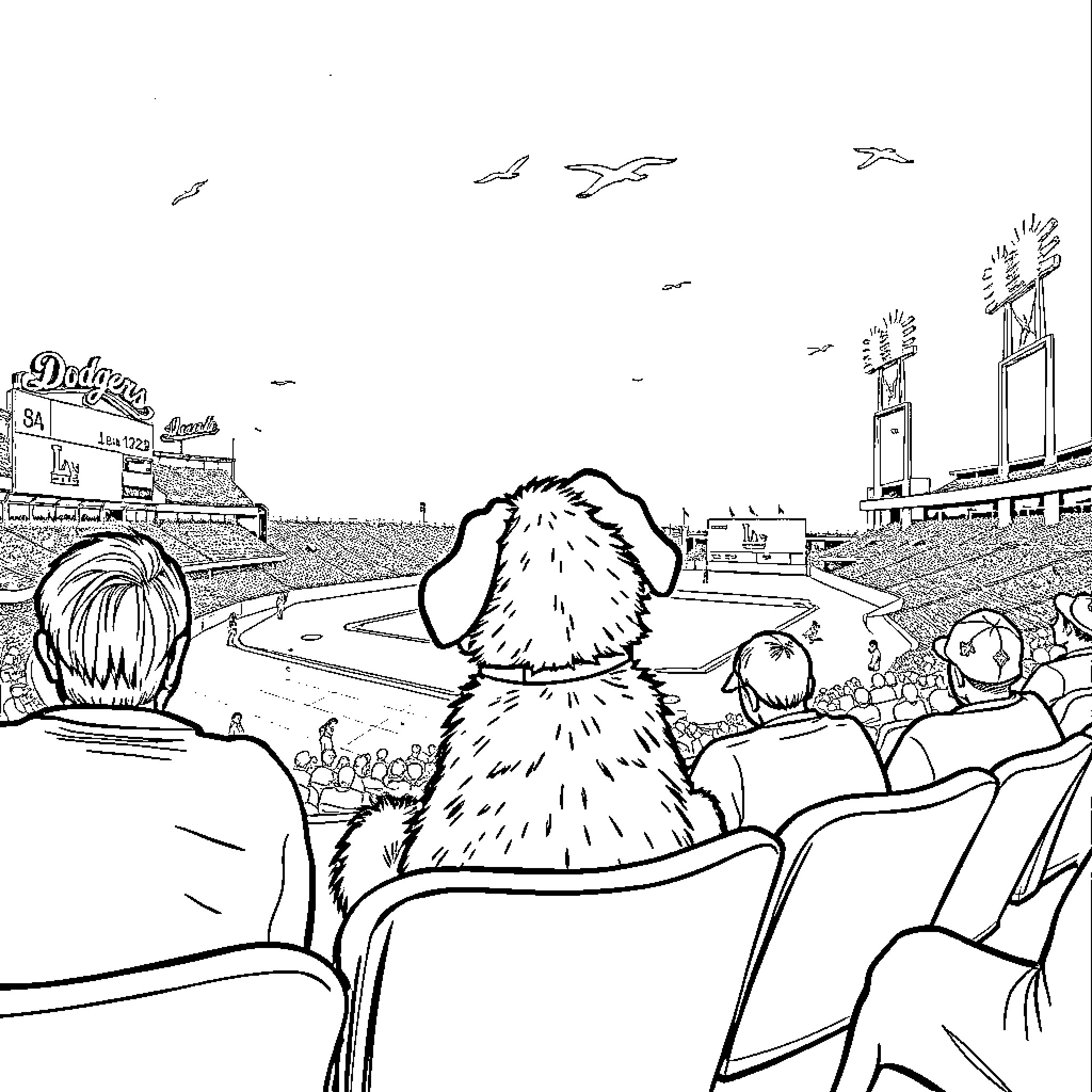 Labubu enjoys the baseball game with friends Coloring Page (free black-and-white line drawing printable PDF for all, from beginners to advanced learners, including children, teens, adults, and seniors)