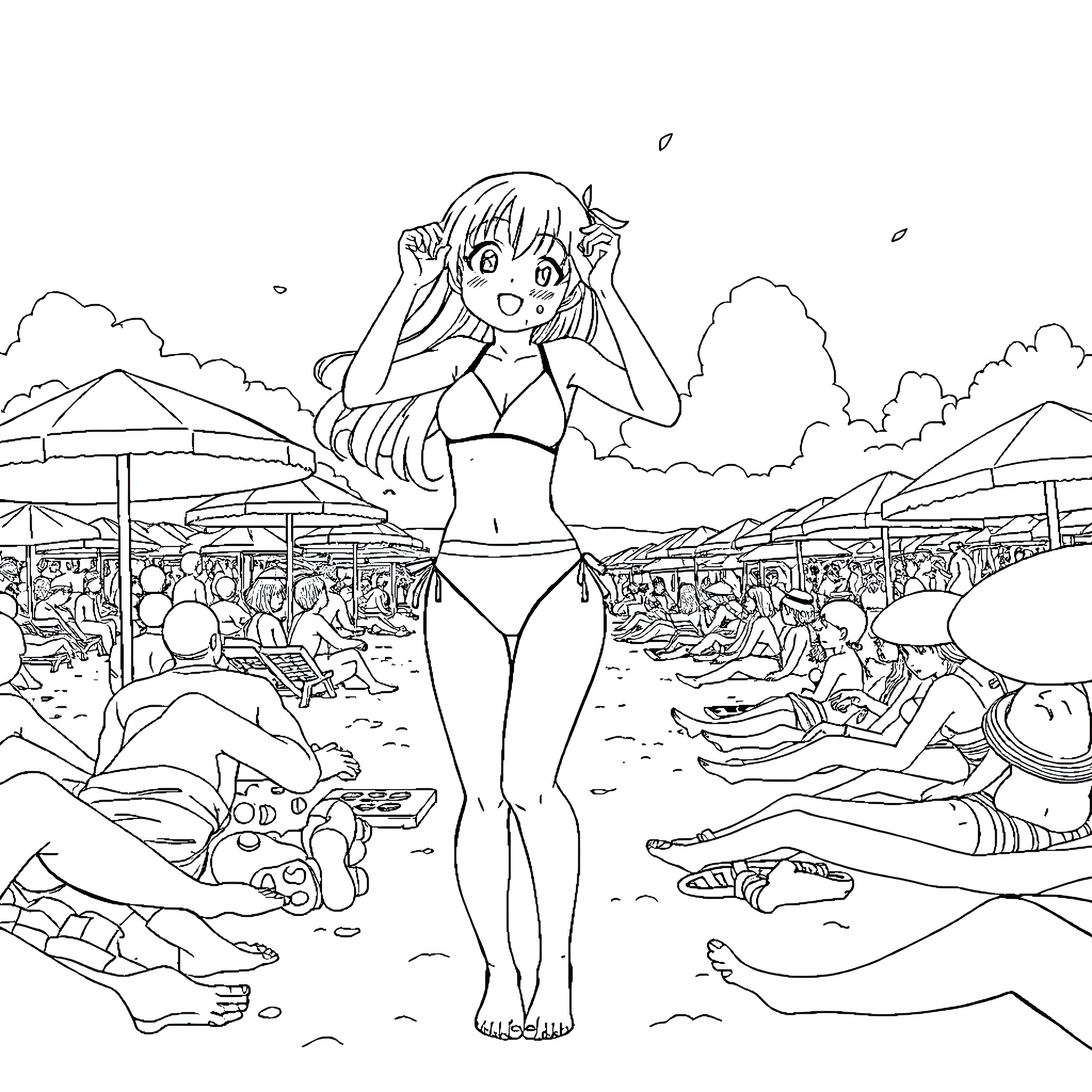 Anime Girl on a Lively Beach Coloring Page (free black-and-white line drawing printable PDF for all, from beginners to advanced learners, including children, teens, adults, and seniors)