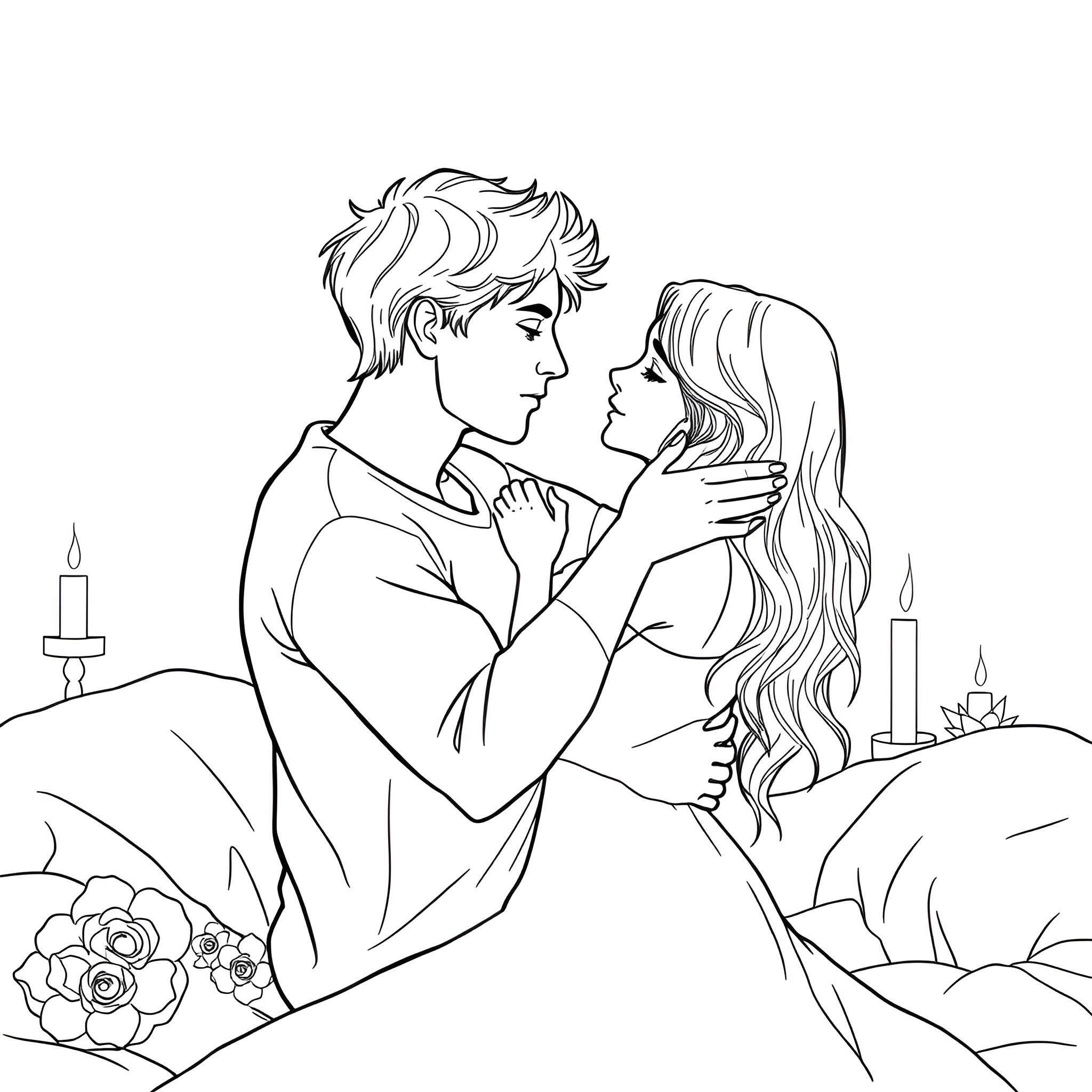 Man embracing woman in romantic setting Coloring Page (free black-and-white line drawing printable PDF for all, from beginners to advanced learners, including children, teens, adults, and seniors)