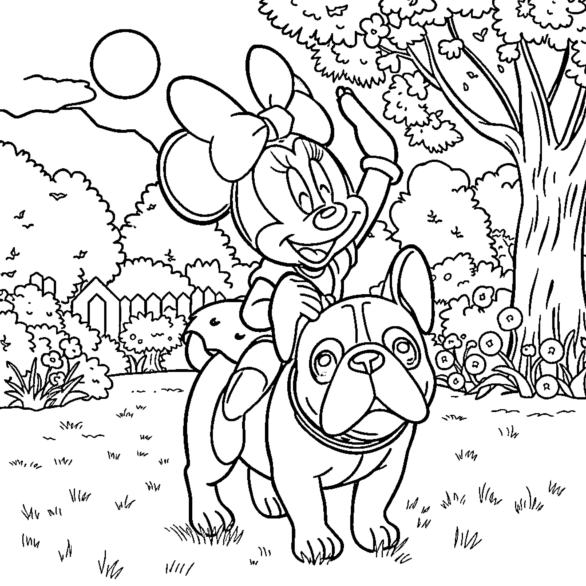 Minnie Mouse enjoying nature with her dog friend Coloring Page (free black-and-white line drawing printable PDF for all, from beginners to advanced learners, including children, teens, adults, and seniors)