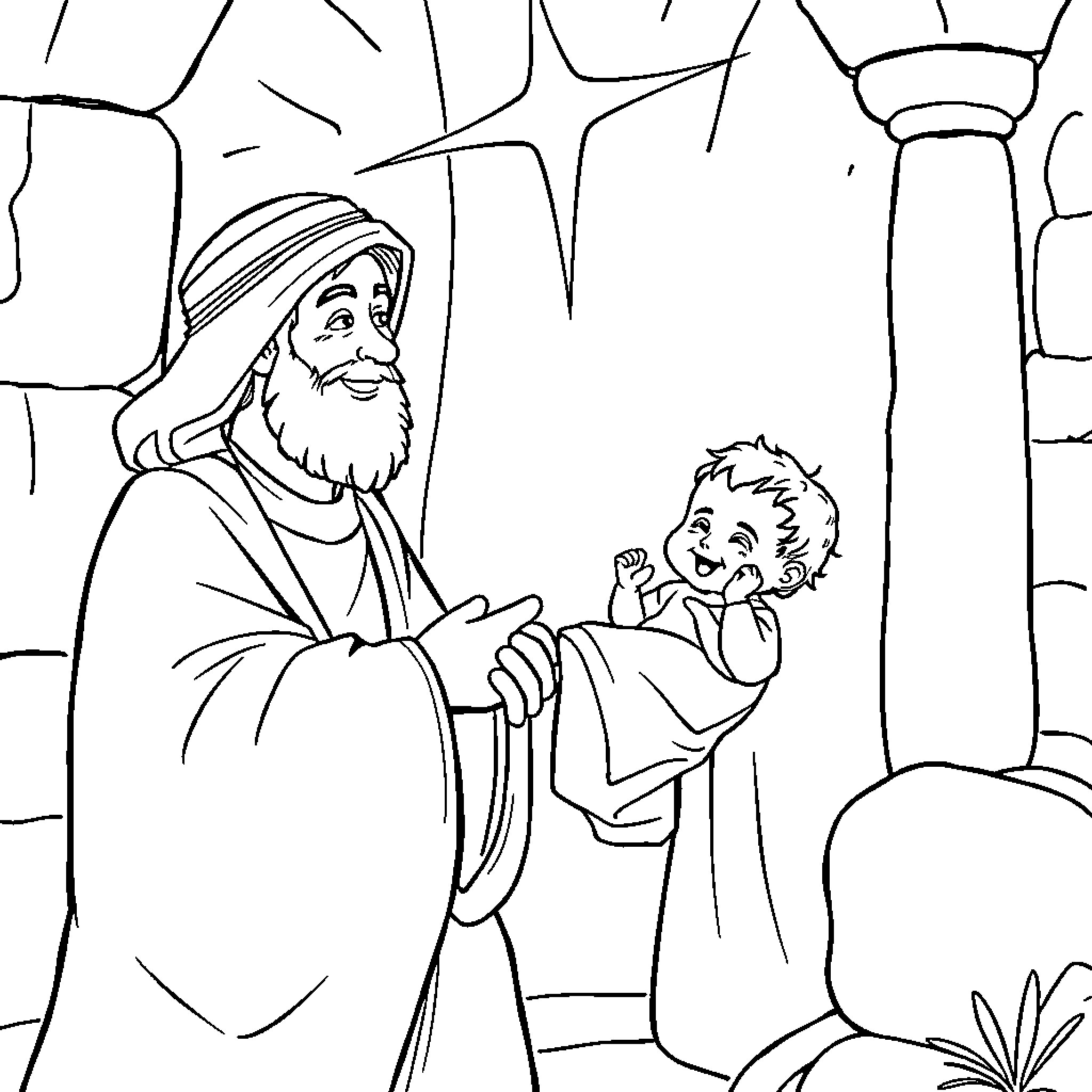 Simeon warmly greets a young child in the temple Coloring Page (free black-and-white line drawing printable PDF for all, from beginners to advanced learners, including children, teens, adults, and seniors)
