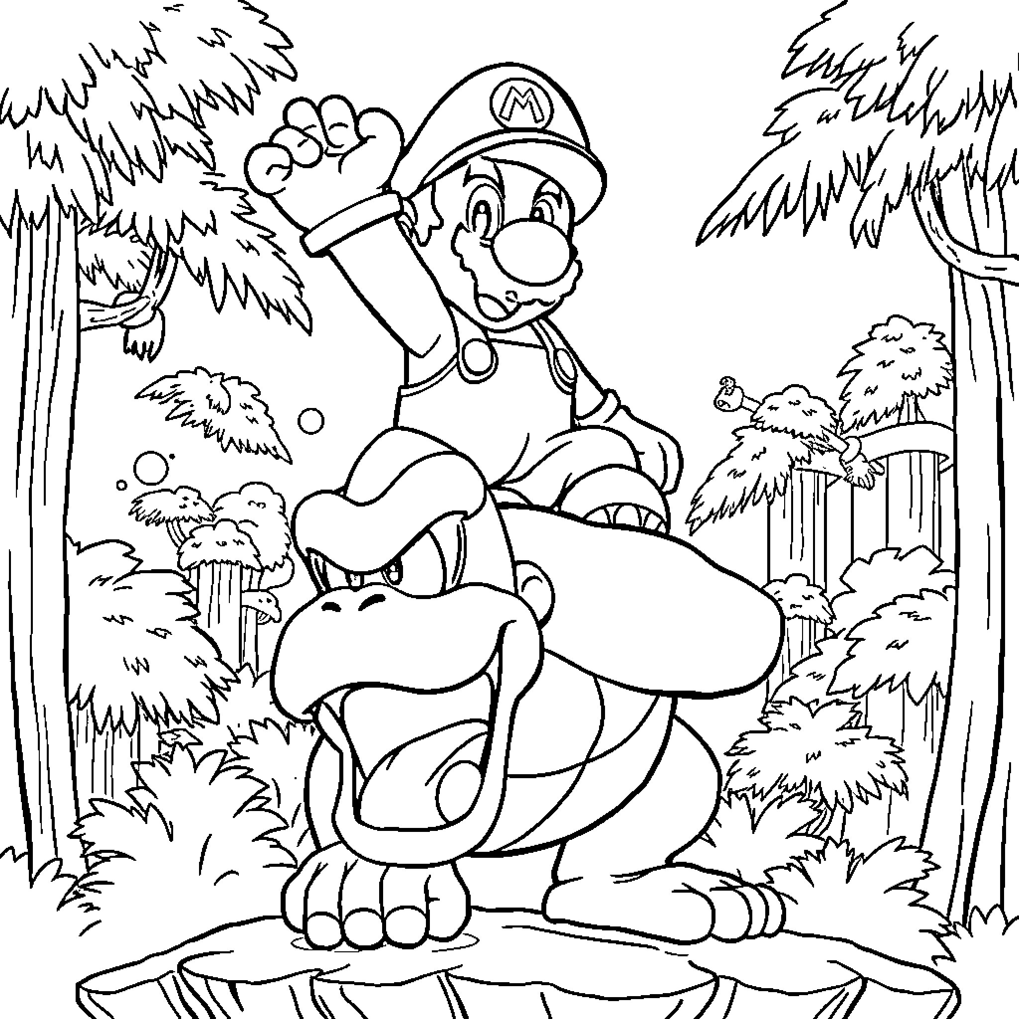 Super Mario Jumping Happily in the Forest Coloring Page (free black-and-white line drawing printable PDF for all, from beginners to advanced learners, including children, teens, adults, and seniors)