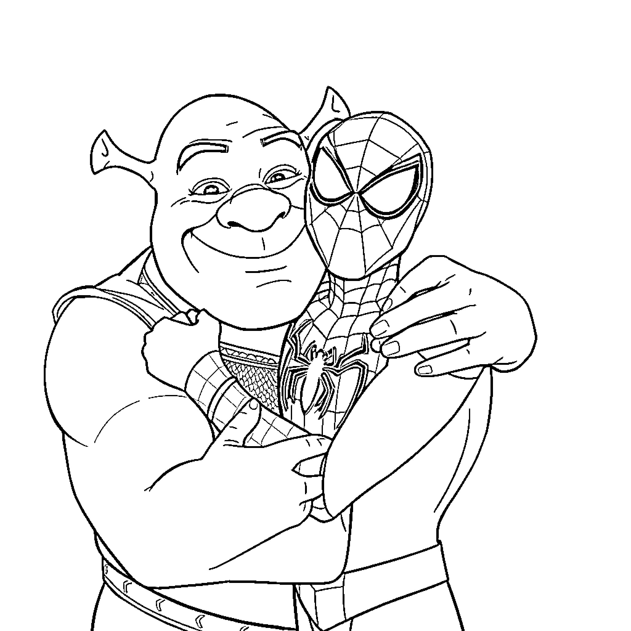 Shrek embracing Spiderman in an affectionate hug Coloring Page (free black-and-white line drawing printable PDF for all, from beginners to advanced learners, including children, teens, adults, and seniors)