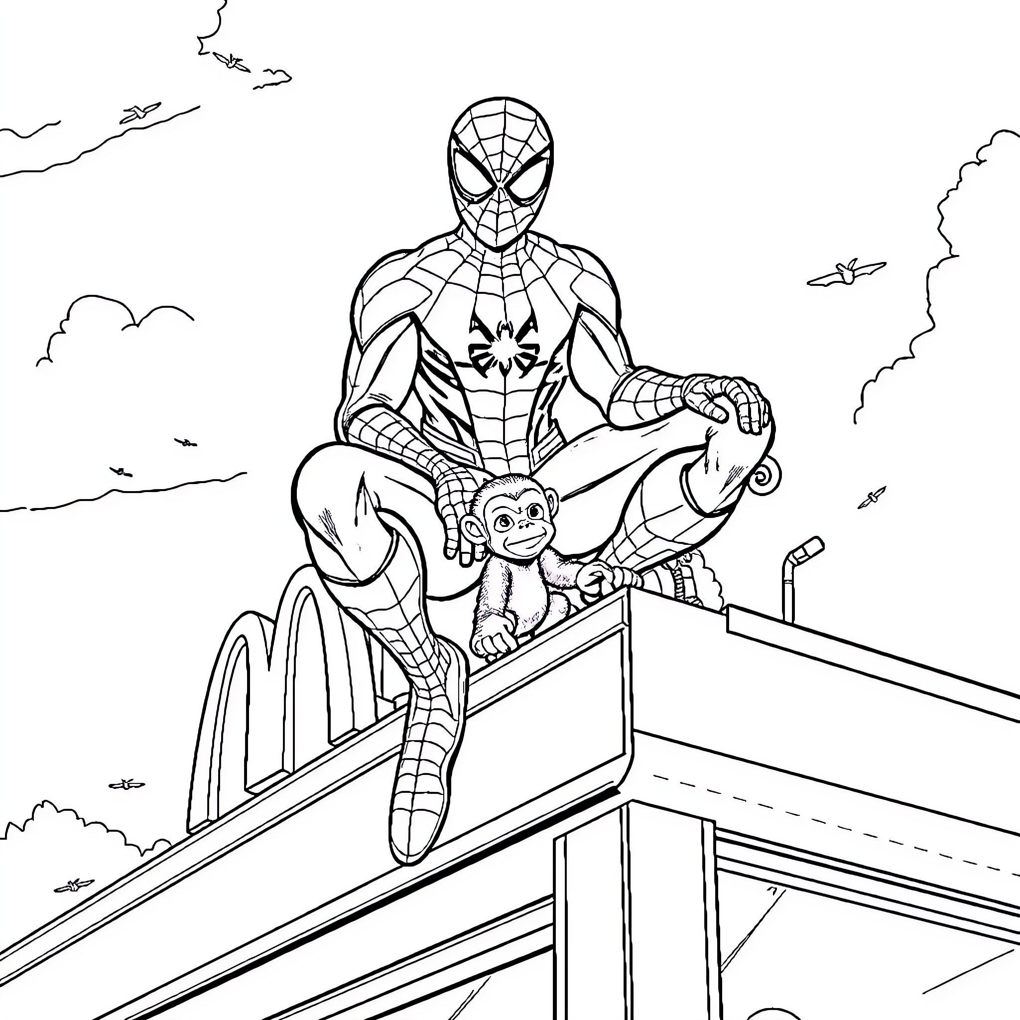 Spiderman heroically swinging on web with sidekick Coloring Page (free black-and-white line drawing printable PDF for all, from beginners to advanced learners, including children, teens, adults, and seniors)