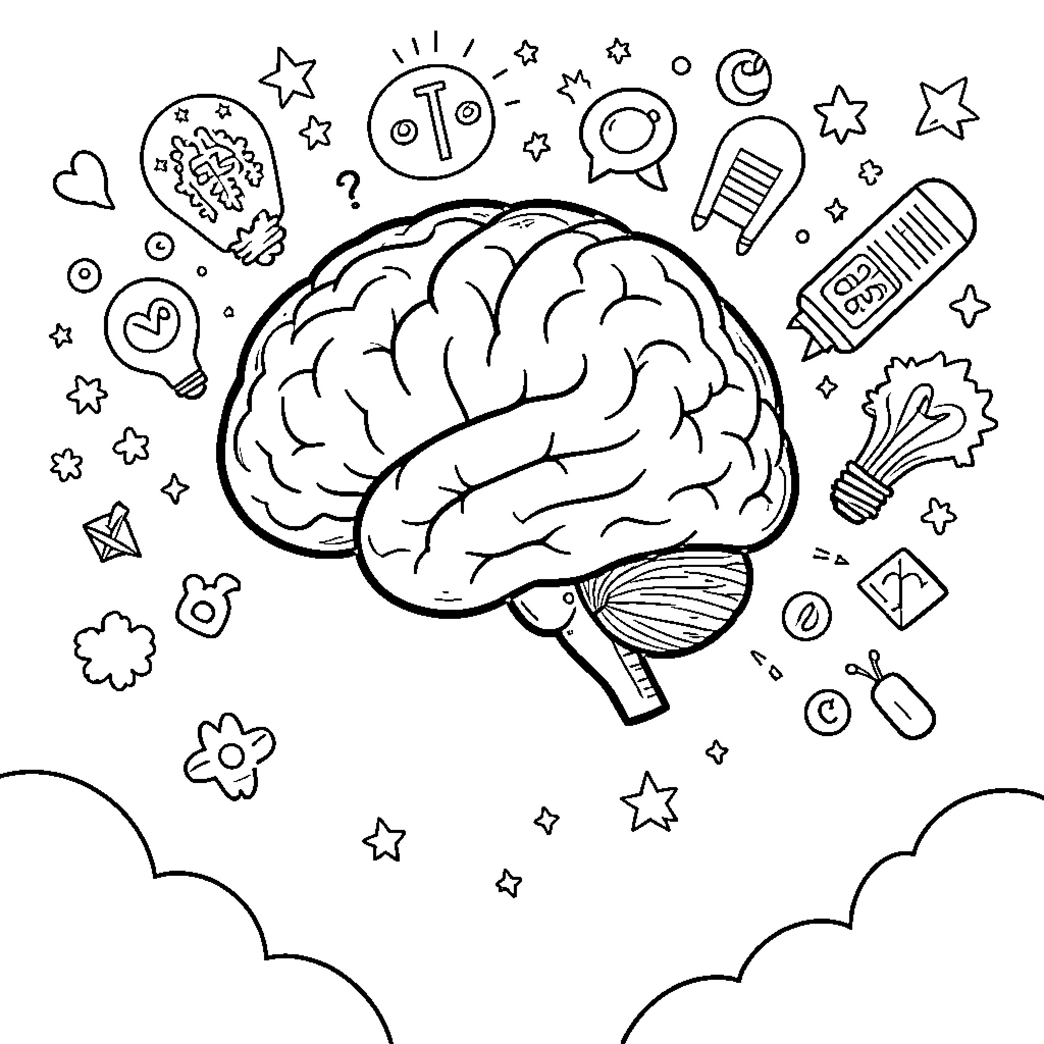 Mind surrounded by various symbols of creativity and thought Coloring Page (free black-and-white line drawing printable PDF for all, from beginners to advanced learners, including children, teens, adults, and seniors)