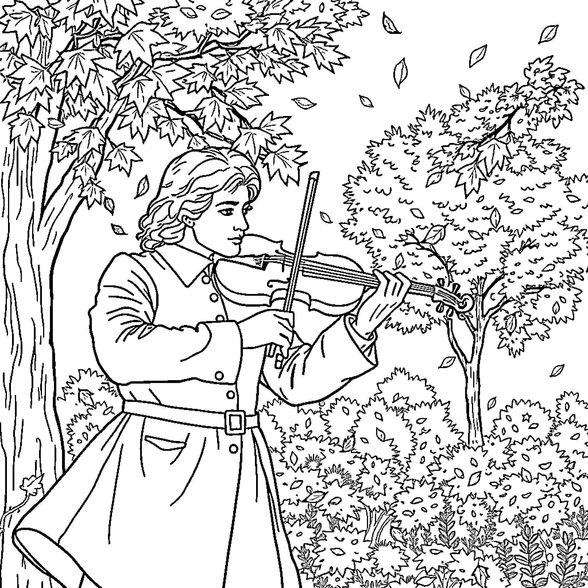 Vivaldi playing violin in the autumn forest Coloring Page (free black-and-white line drawing printable PDF for all, from beginners to advanced learners, including children, teens, adults, and seniors)