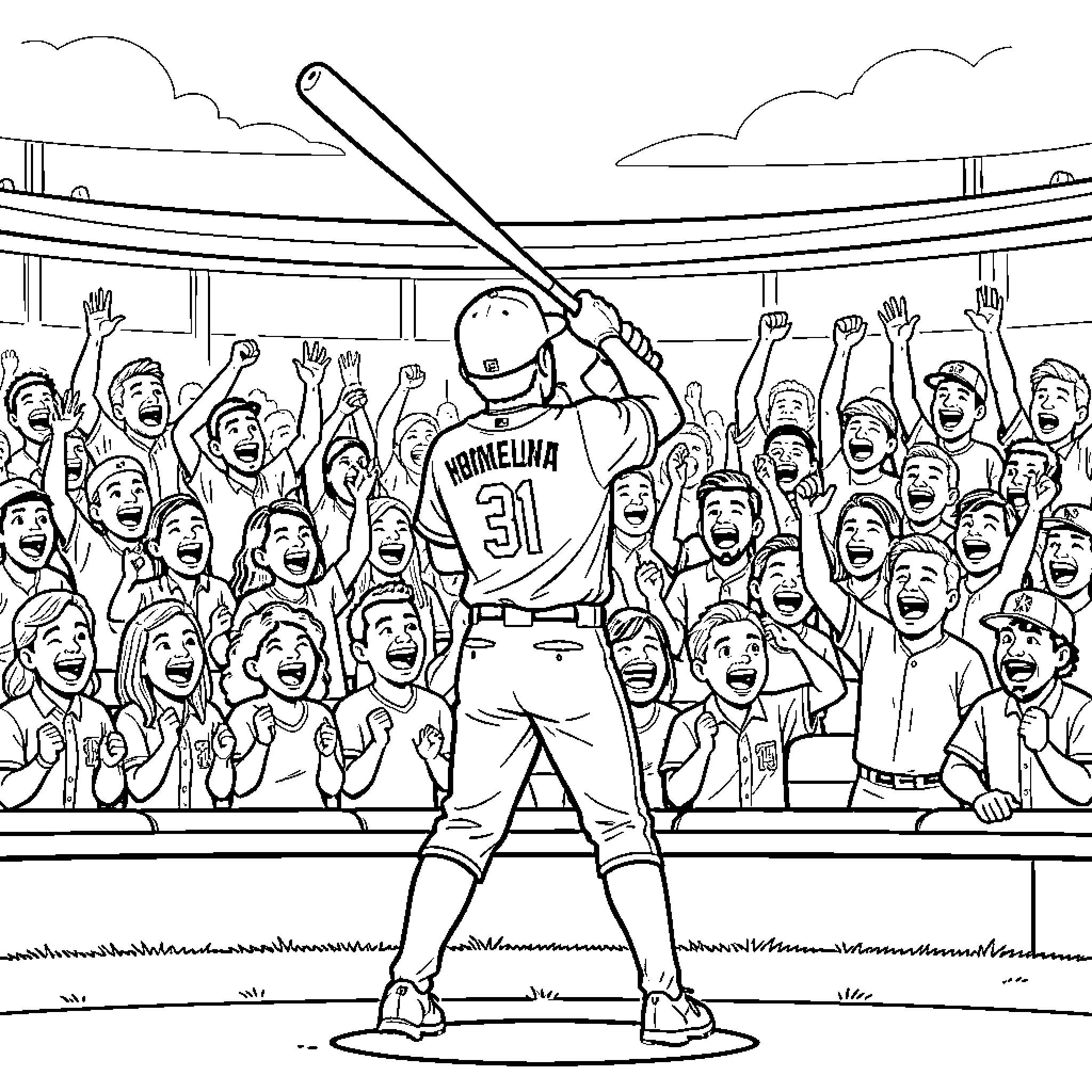 Ronald Acuna Jr swinging a bat before cheering fans Coloring Page (free black-and-white line drawing printable PDF for all, from beginners to advanced learners, including children, teens, adults, and seniors)