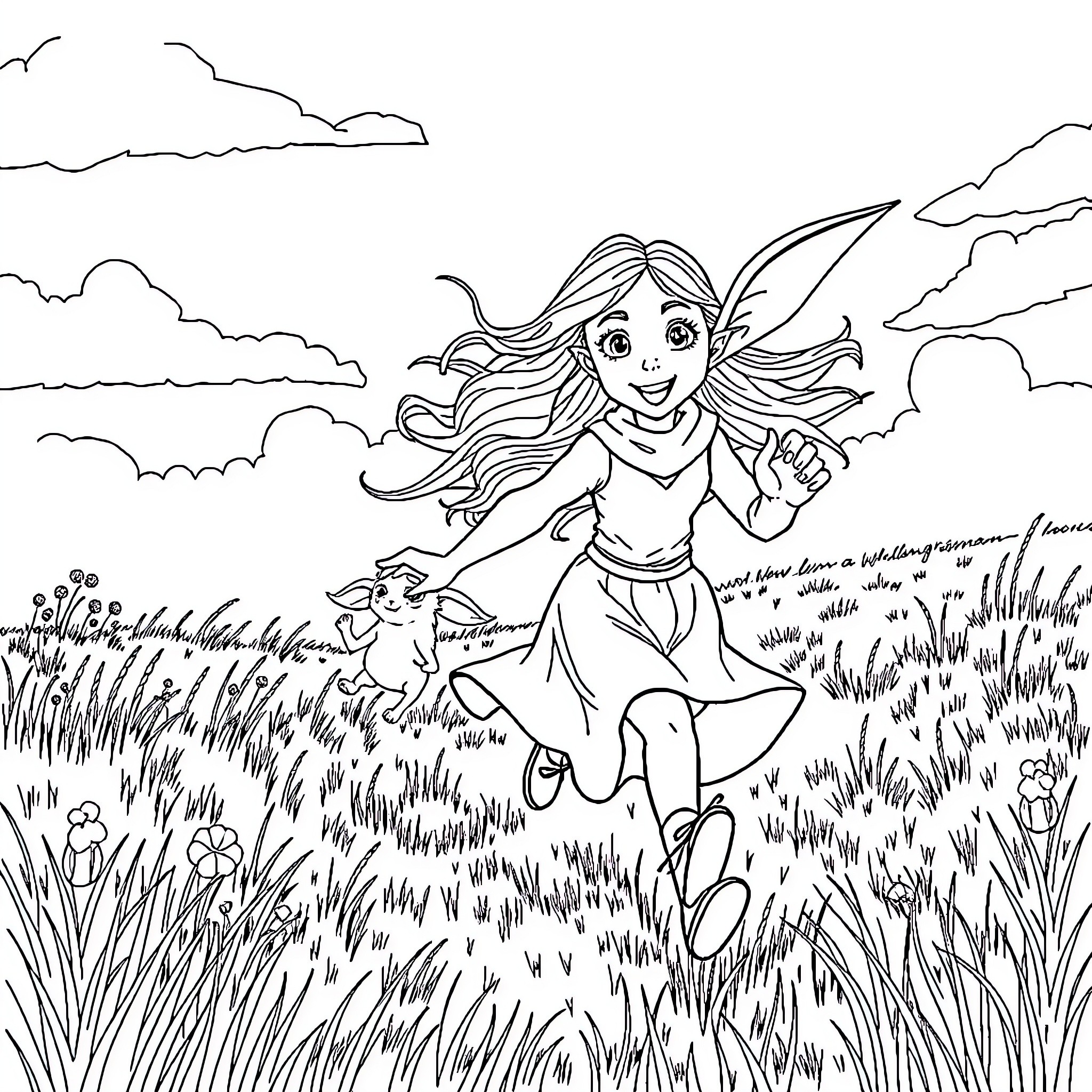 Luna Lovegood frolicking in a magical meadow Coloring Page (free black-and-white line drawing printable PDF for all, from beginners to advanced learners, including children, teens, adults, and seniors)
