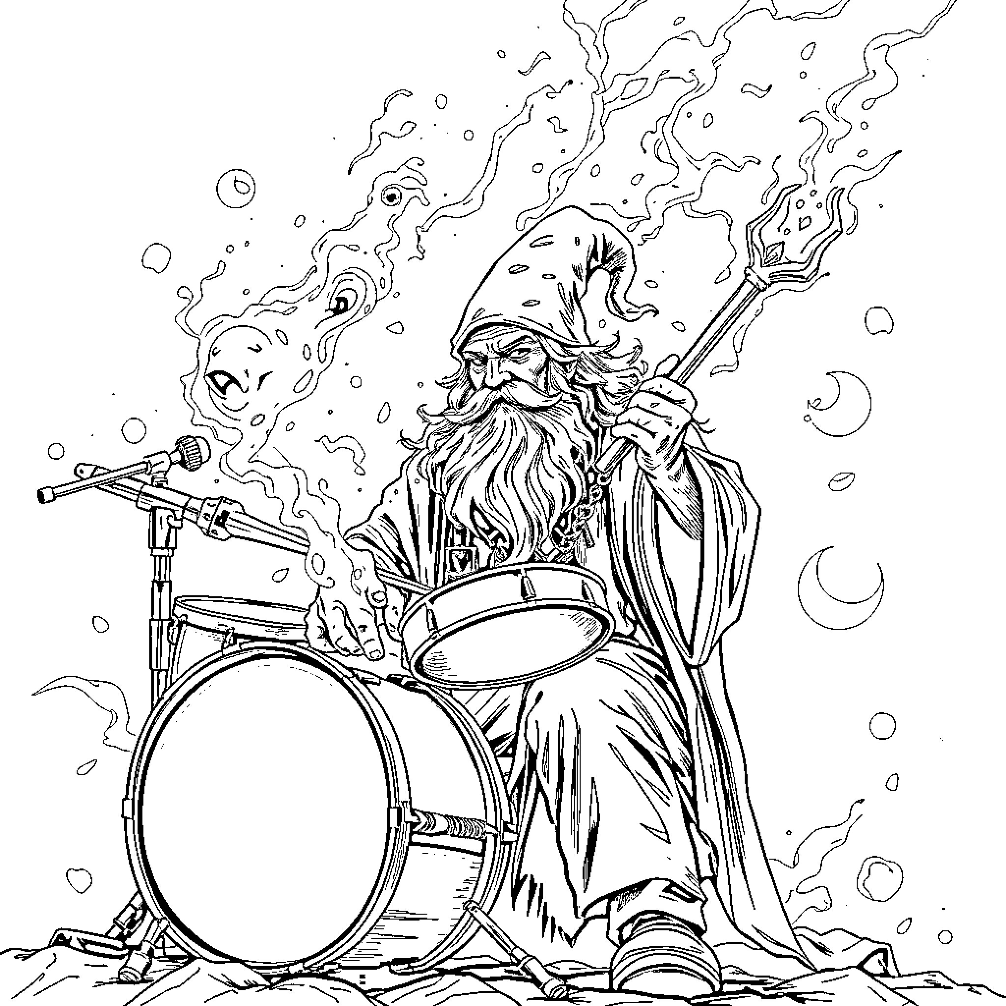Gandalf the Wizard Rocking the Drum Set Coloring Page (free black-and-white line drawing printable PDF for all, from beginners to advanced learners, including children, teens, adults, and seniors)