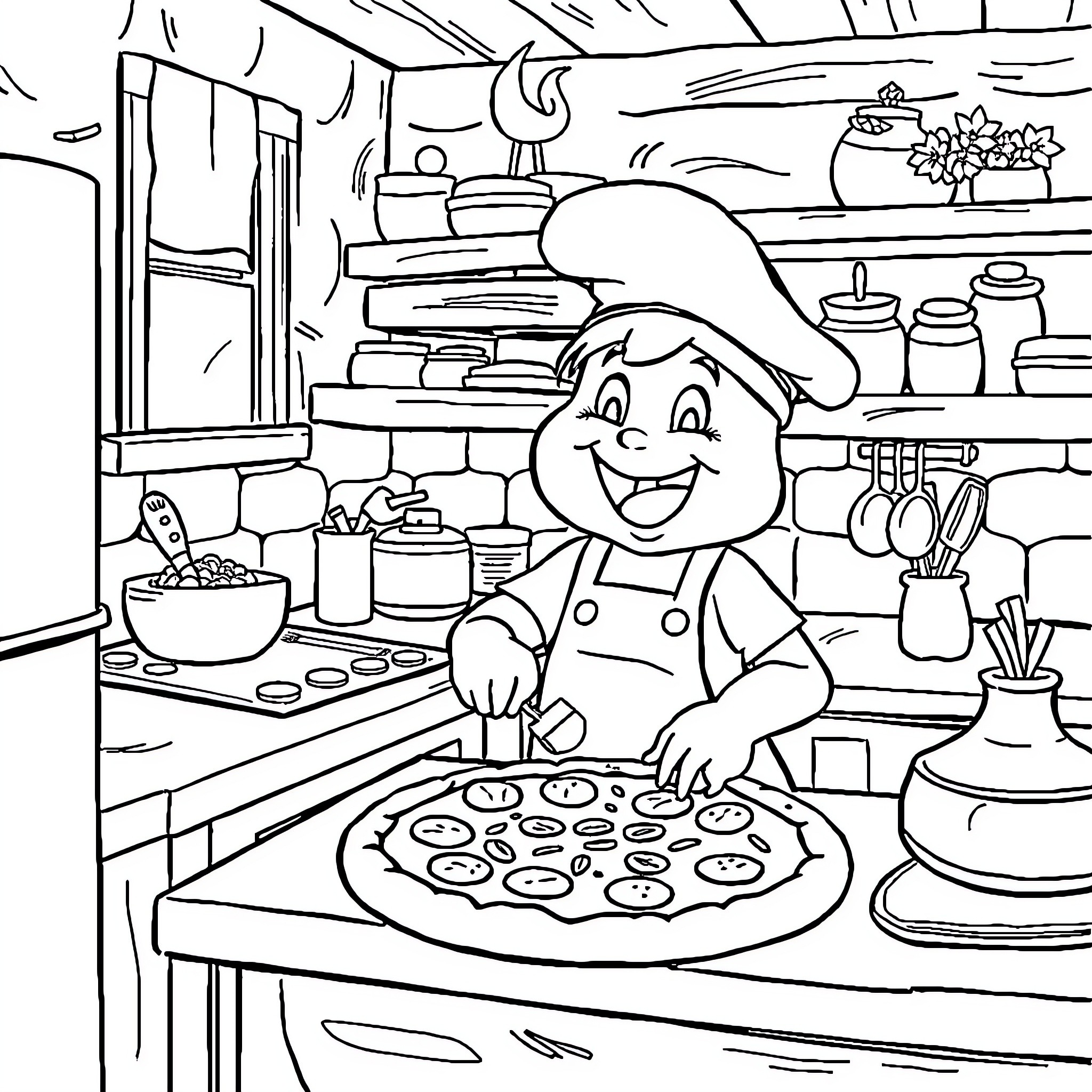Labulu Cooking Up a Delightful Meal Coloring Page (free black-and-white line drawing printable PDF for all, from beginners to advanced learners, including children, teens, adults, and seniors)